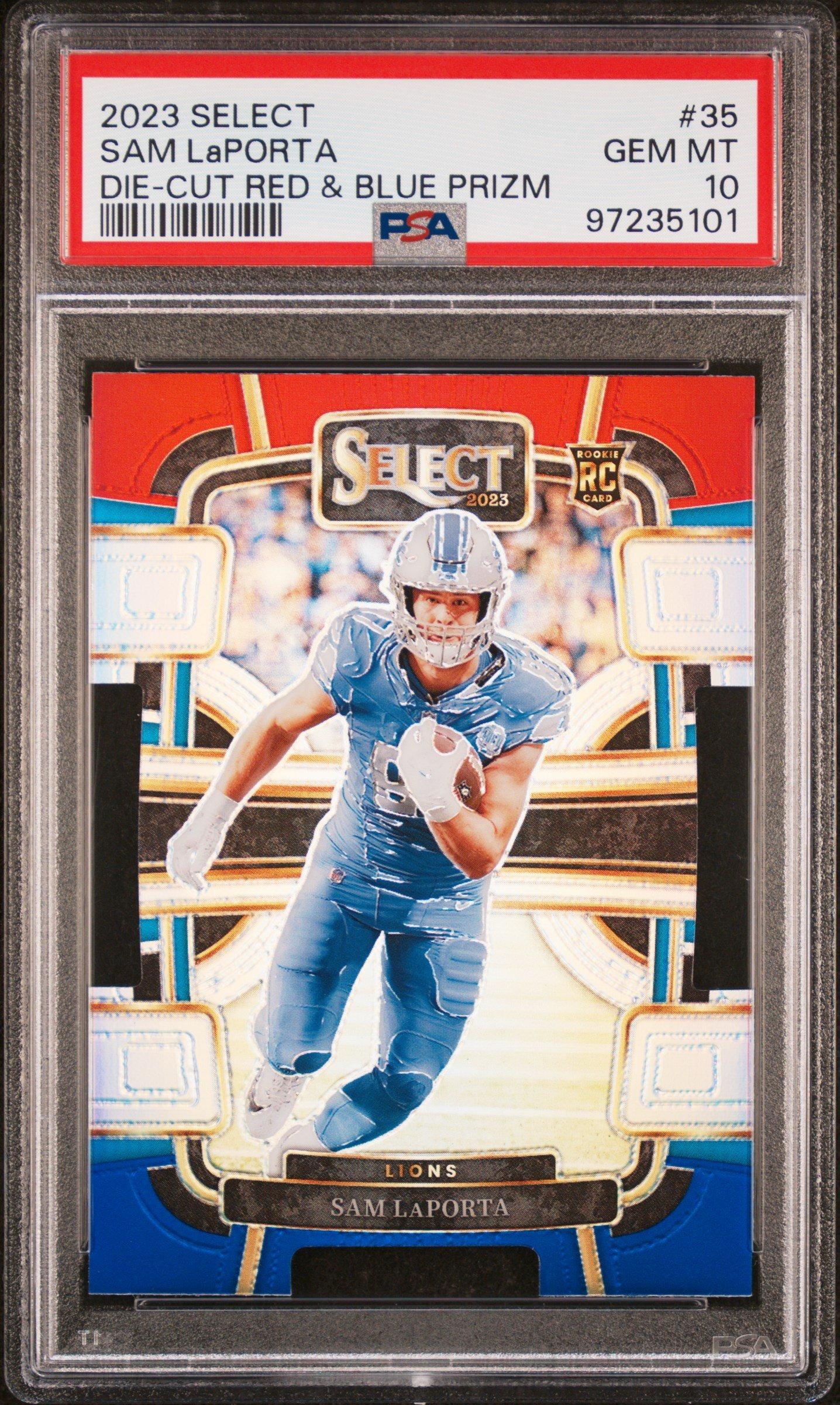 2023 Panini Select 35 Sam Laporta Die-cut Red & Blue Prizm PSA 10