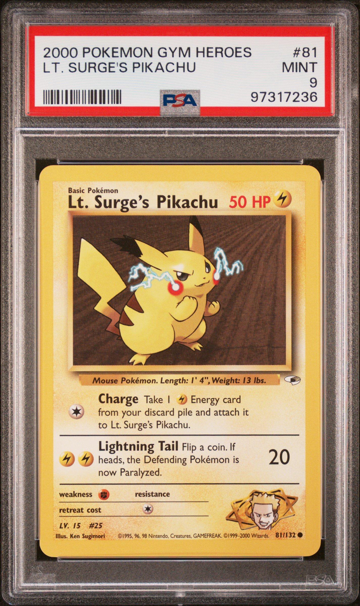 2000 Pokemon Gym Heroes 81 Lt. Surge's Pikachu PSA 9 Graded Card