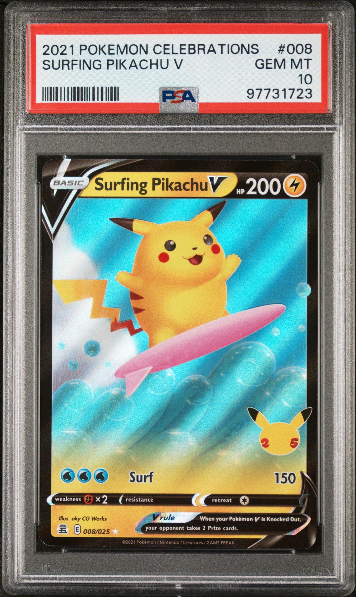 2021 Pokemon Celebrations 008 Surfing Pikachu V PSA 10 Graded Card