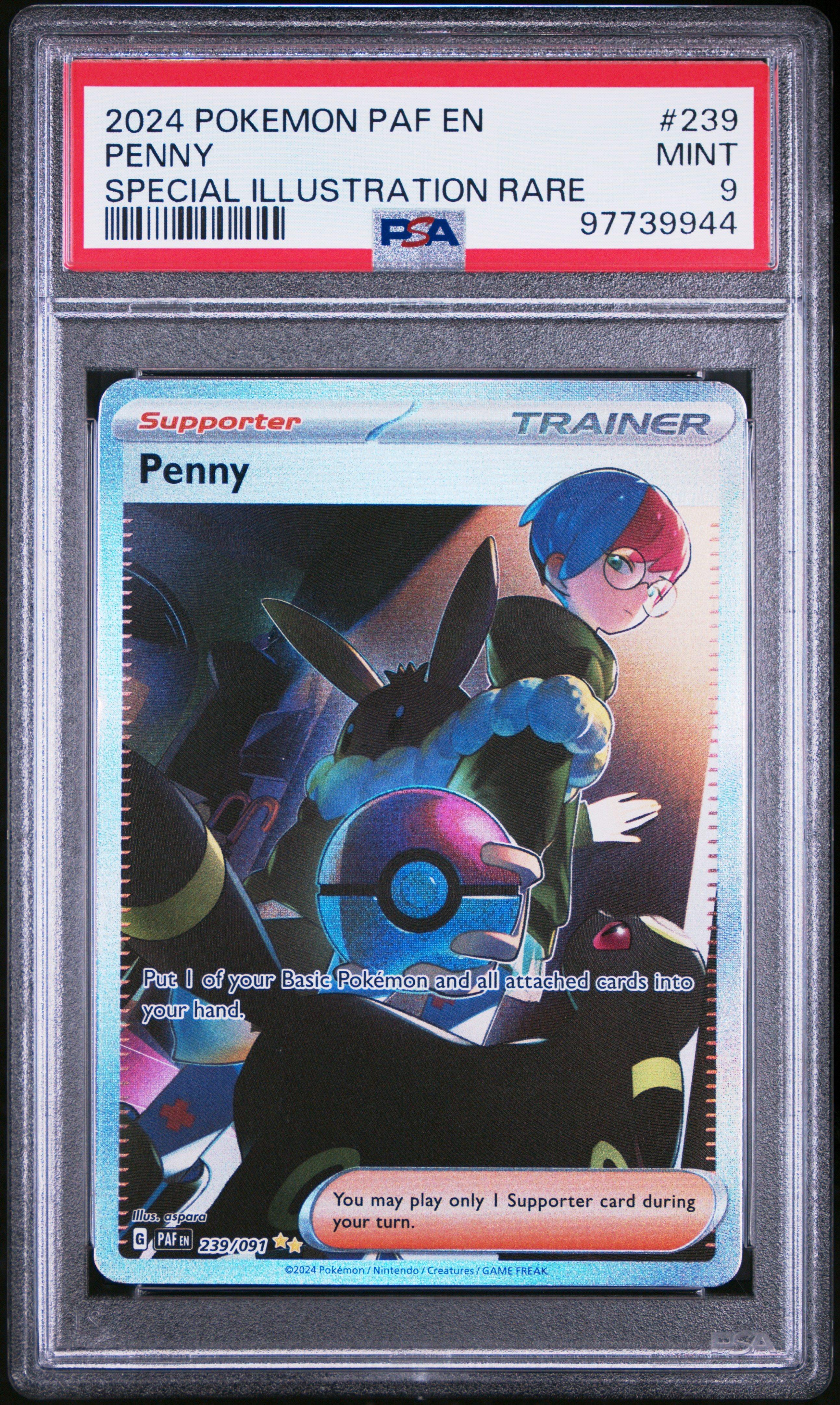 2024 Pokemon Paldean Fates 239 Penny Special Illustration Rare PSA 9