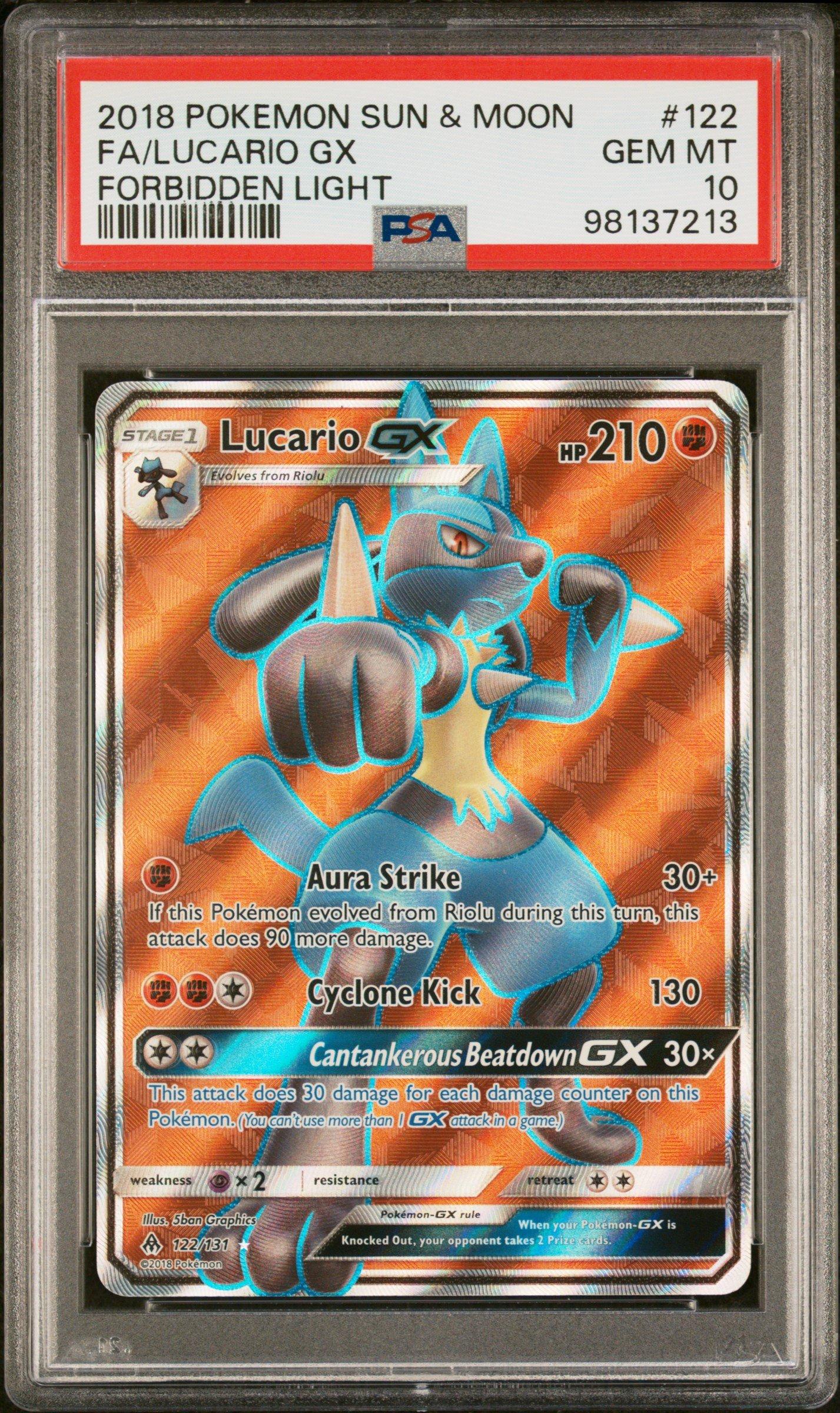 2018 Pokemon Sun & Moon Forbidden Light 122 Full Art/lucario Gx PSA 10