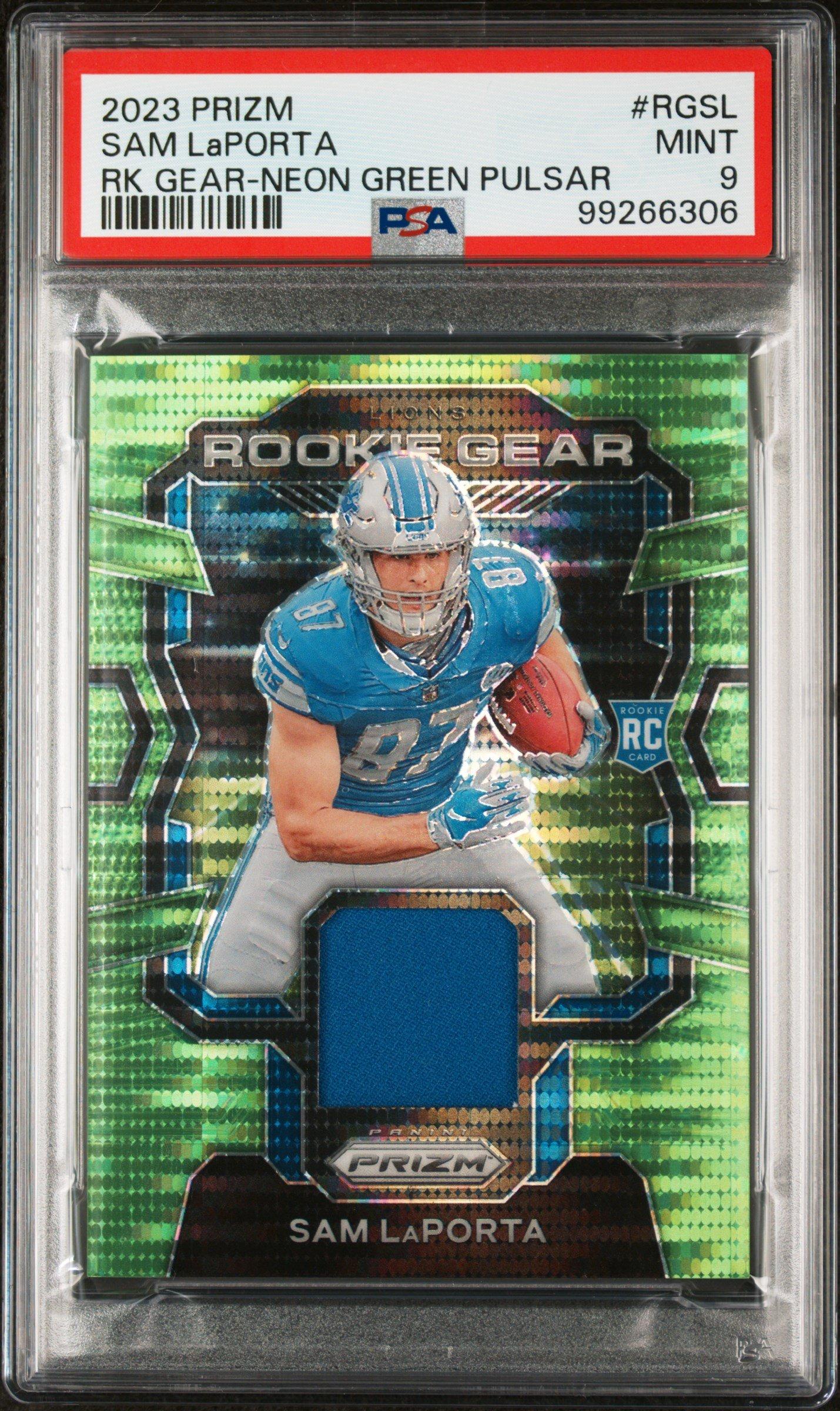 2023 Panini Prizm Rookie Gear Rgsl Sam Laporta Neon Green Pulsar PSA 9