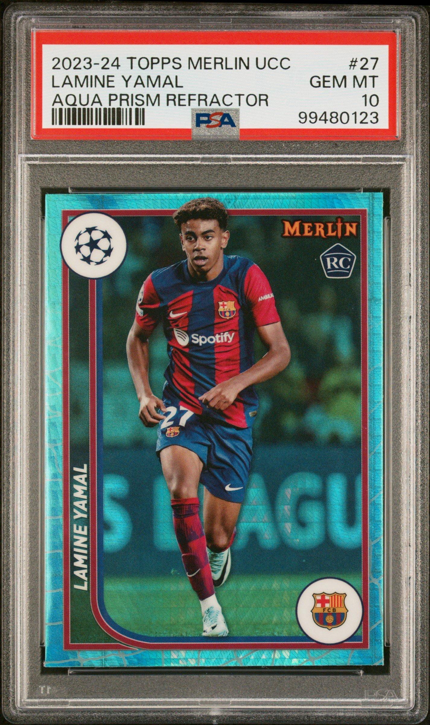 2023-24 Topps Merlin Uefa Club Competitions 27 Lamine Yamal Aqua Prism Refractor PSA 10