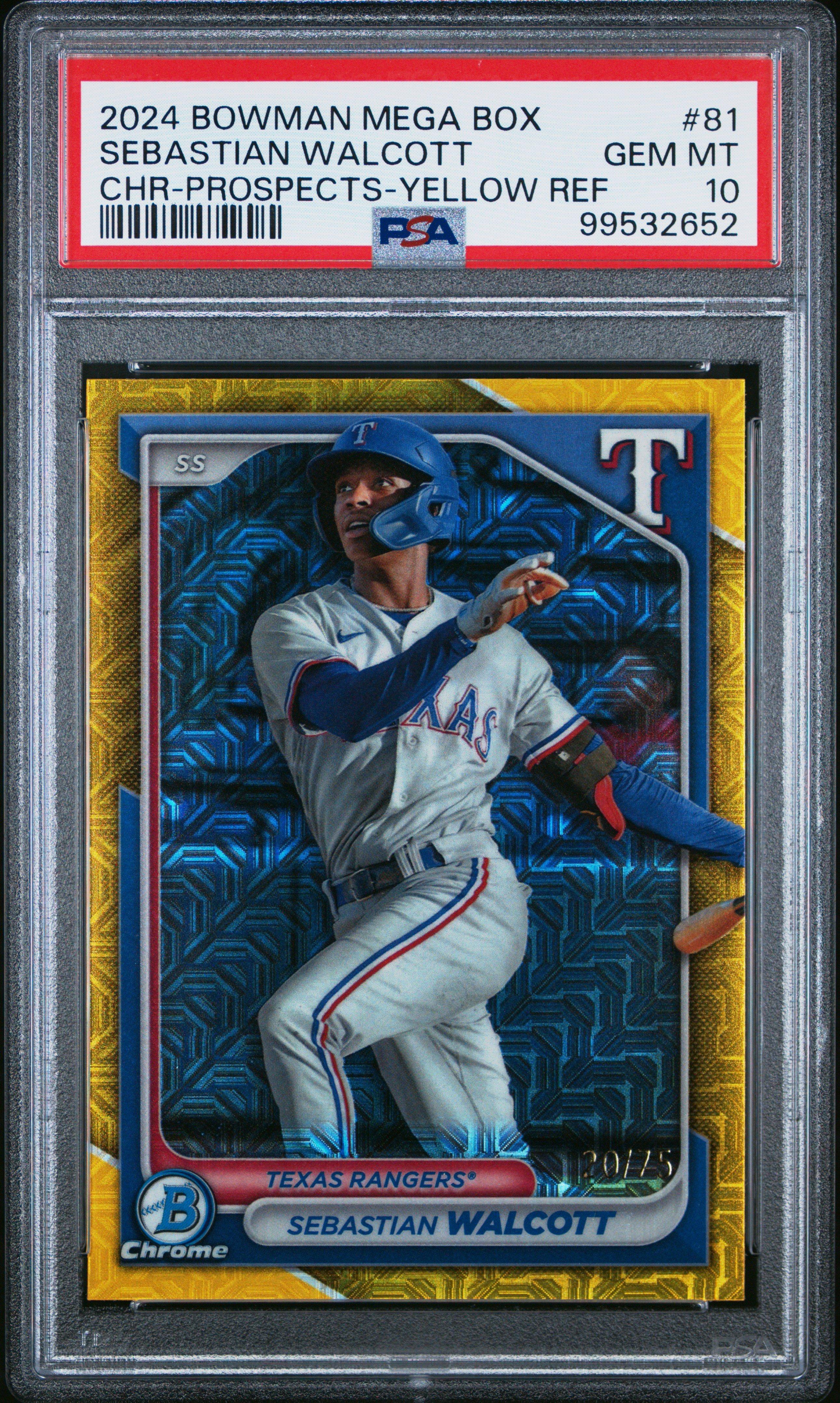 2024 Bowman Mega Box Chrome Prospects 81 Sebastian Walcott Yellow Refractor PSA 10