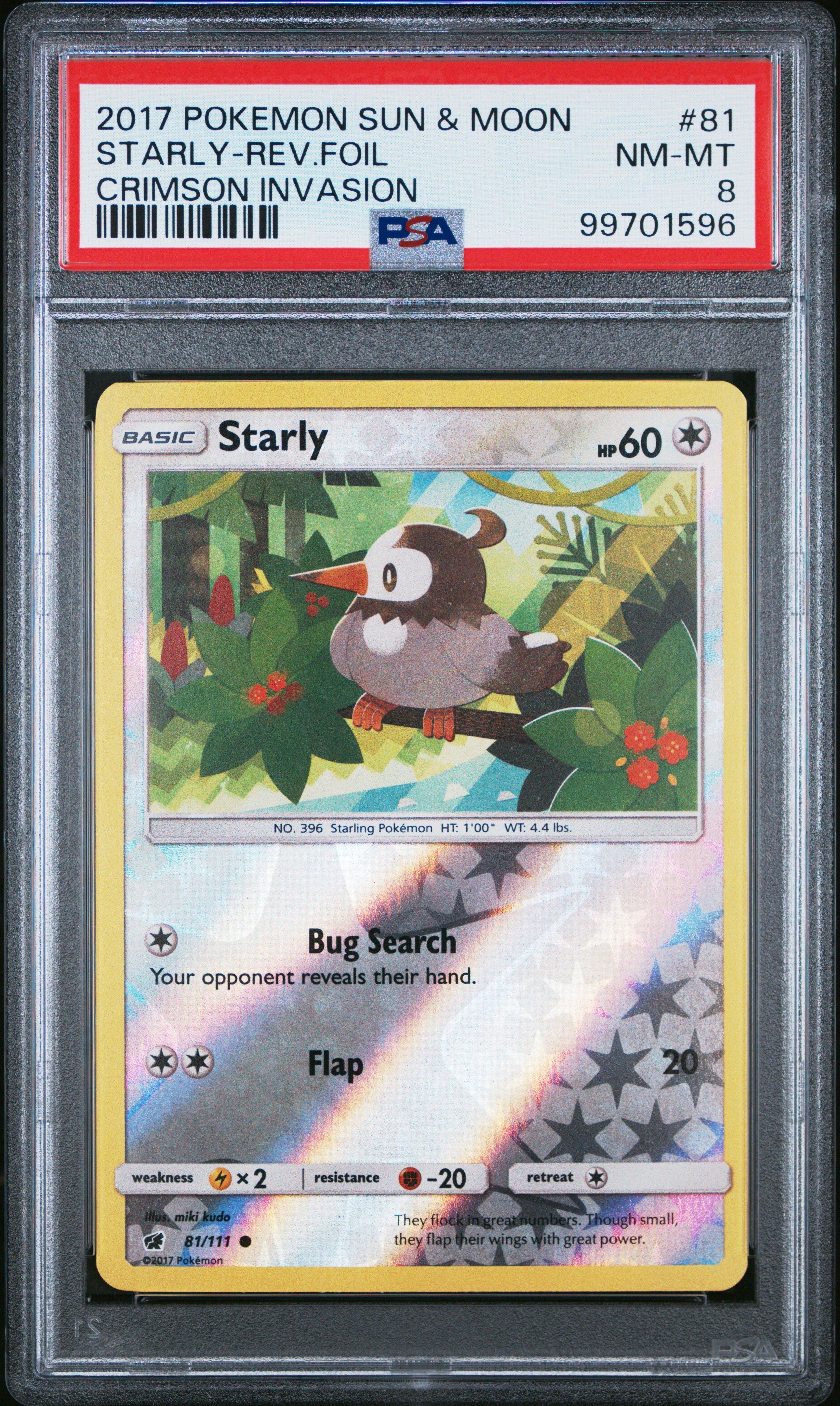 2017 Pokemon Sun & Moon Crimson Invasion 81 Starly-reverse Foil PSA 8