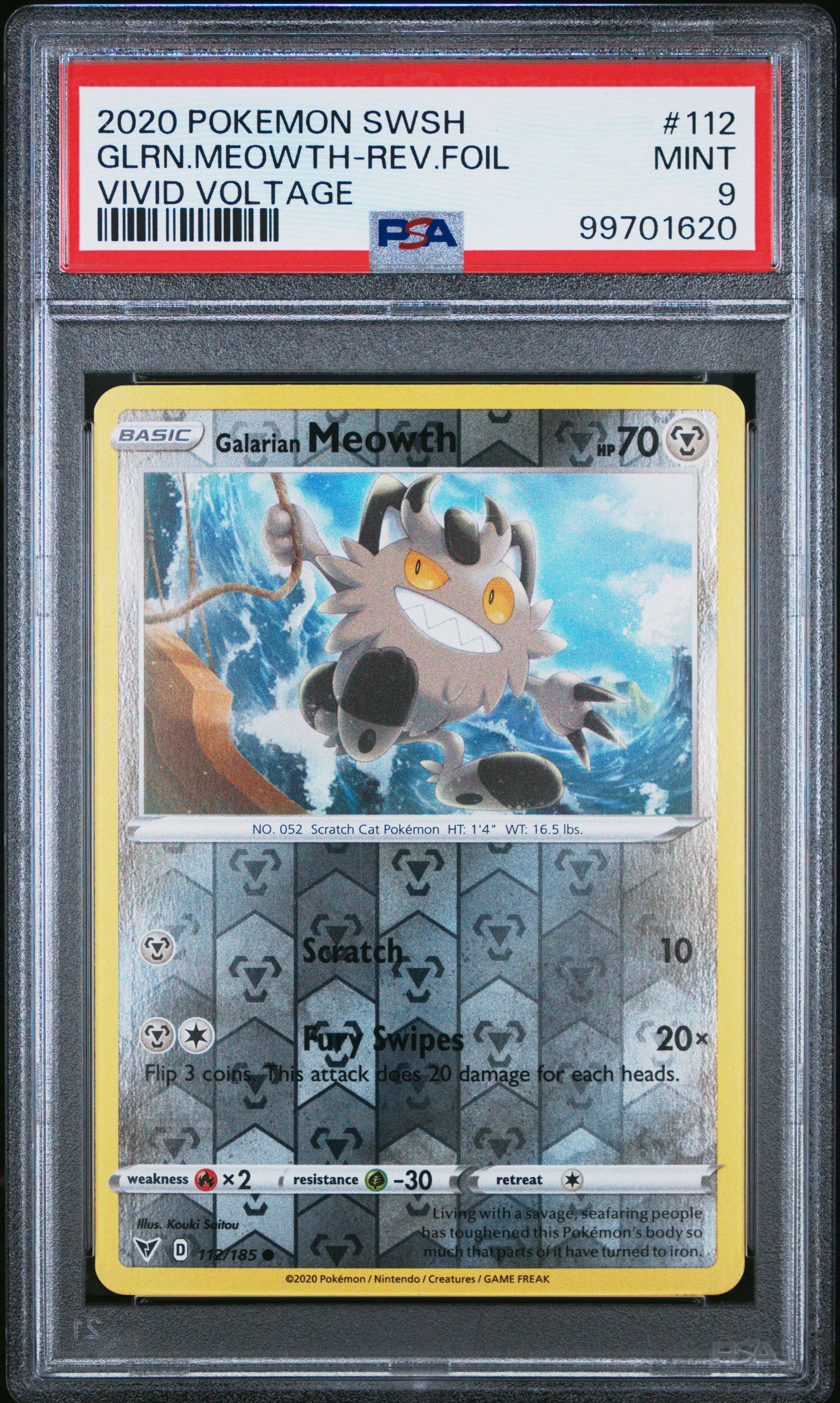 2020 Pokemon Sword & Shield Vivid Voltage 112 Galarian Meowth-reverse Foil PSA