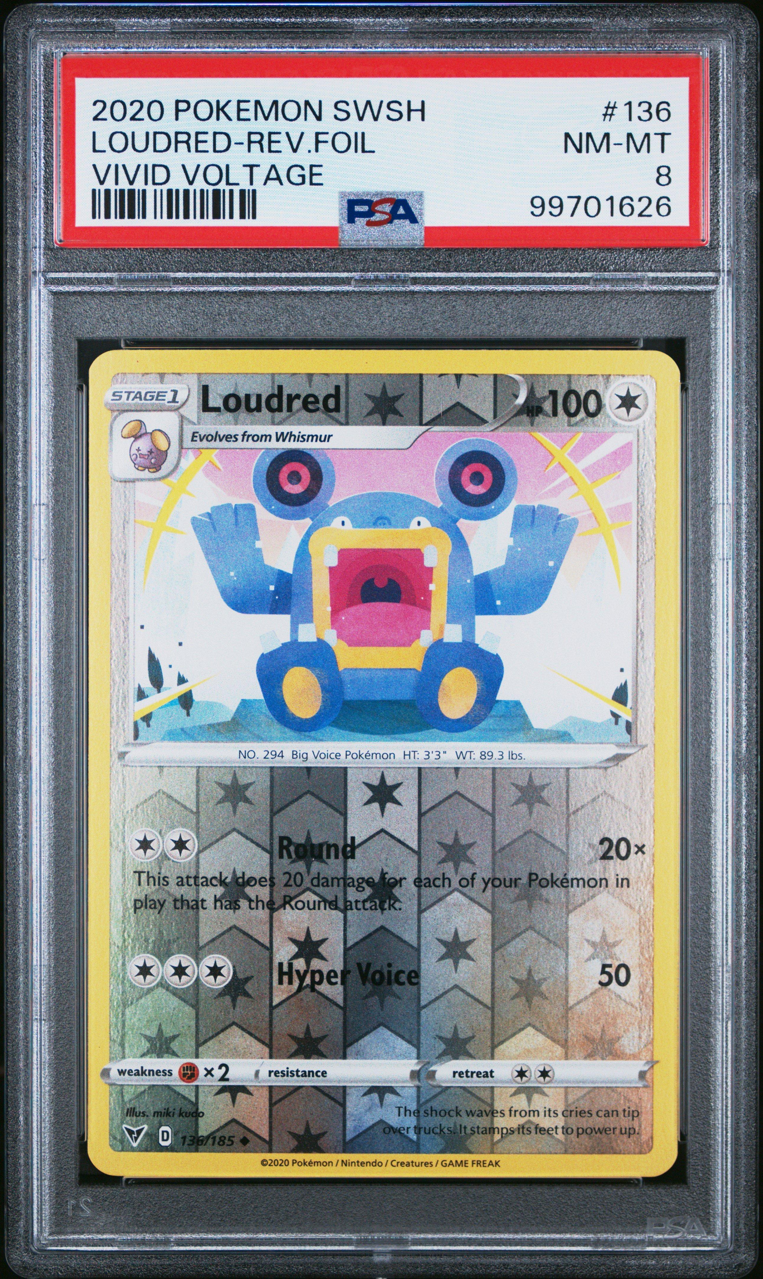2020 Pokemon Sword & Shield Vivid Voltage 136 Loudred-reverse Foil PSA 8
