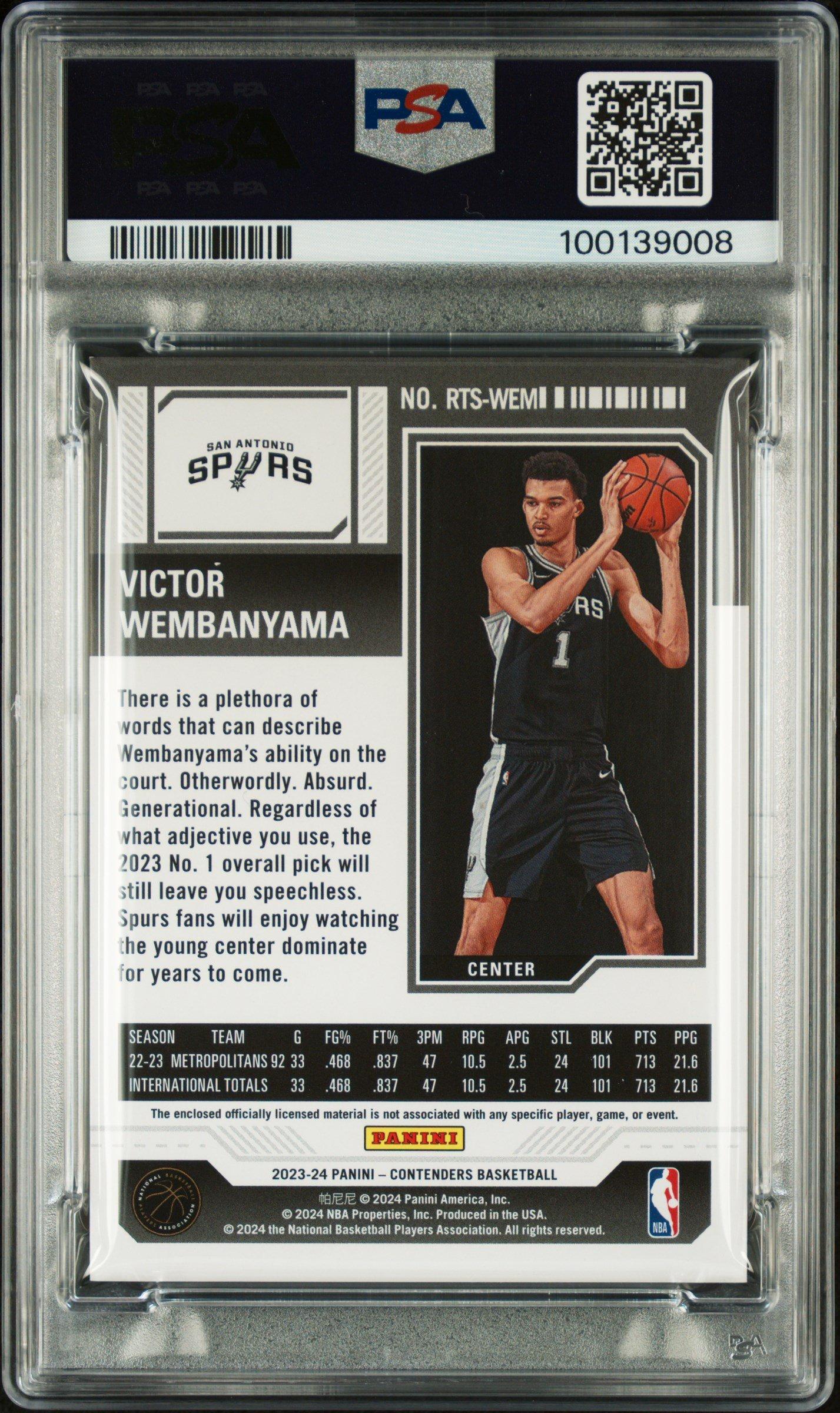 2023 Panini Contenders Rookie Ticket Swatches Rtswem Victor Wembanyama PSA 9