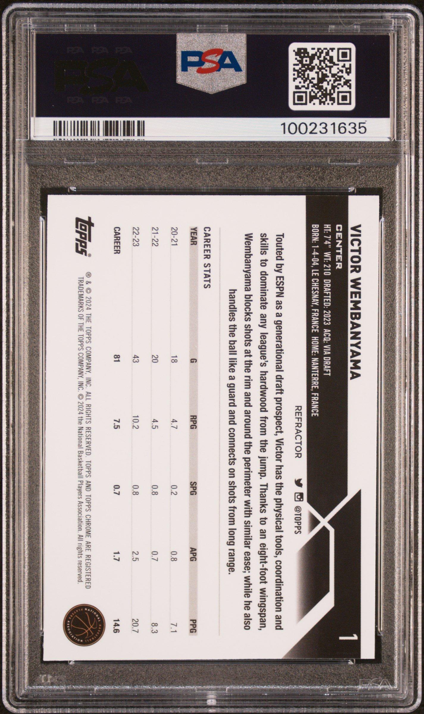 2023 Topps Chrome 1 Victor Wembanyama Refractor PSA