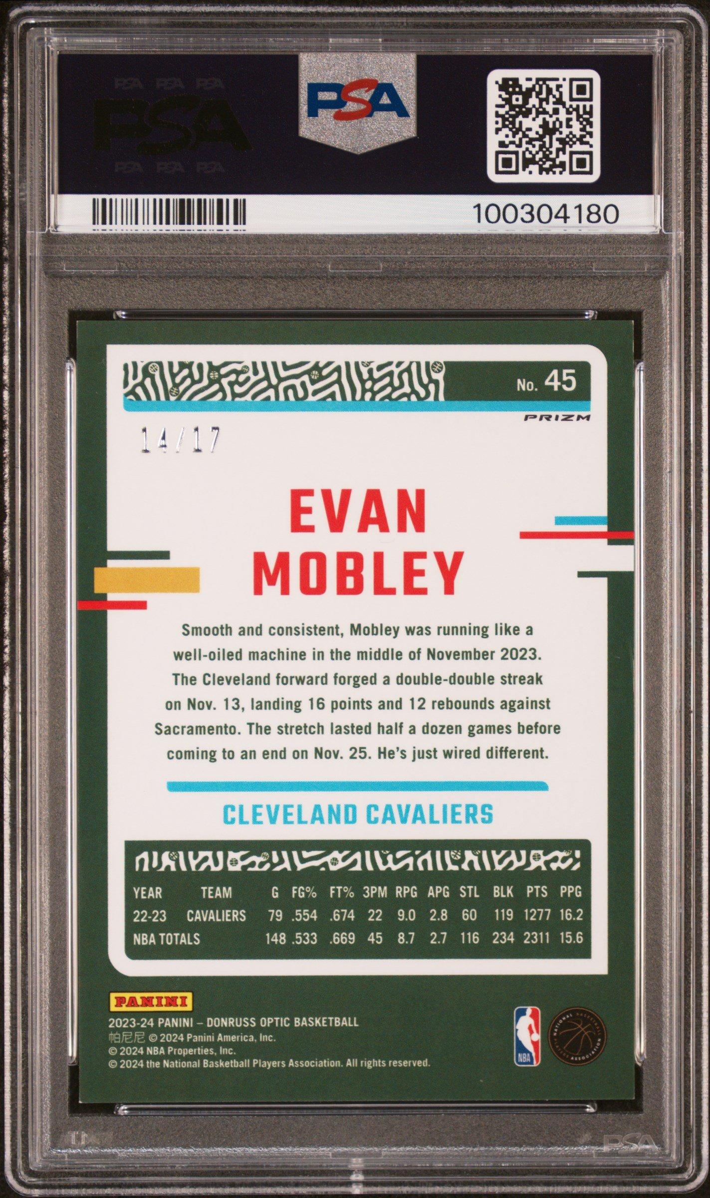 2023 Panini Donruss Optic 45 Evan Mobley Purple Stars Fotl PSA 9