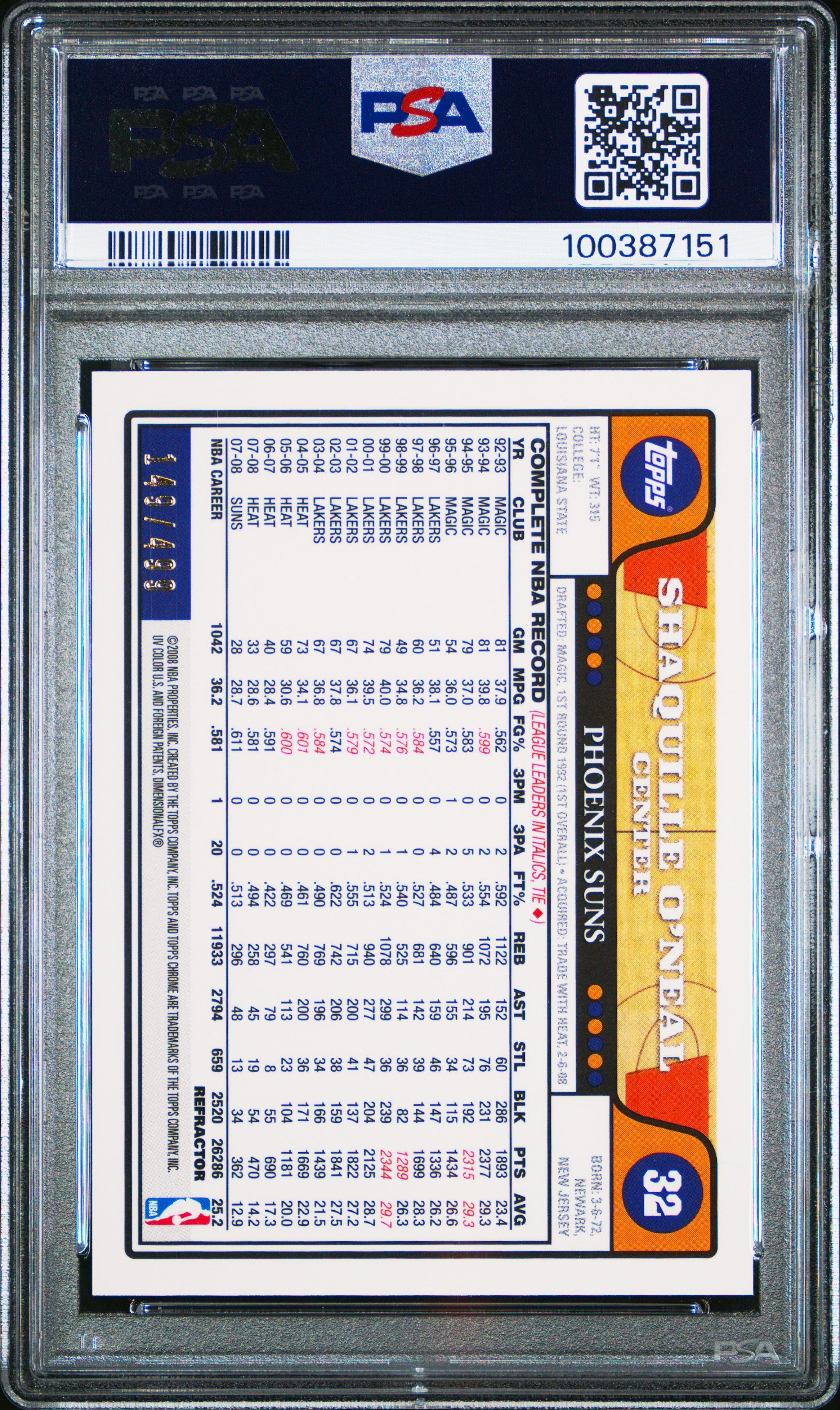 2008 Topps Chrome 32 Shaquille O'neal Orange Refractor PSA 10