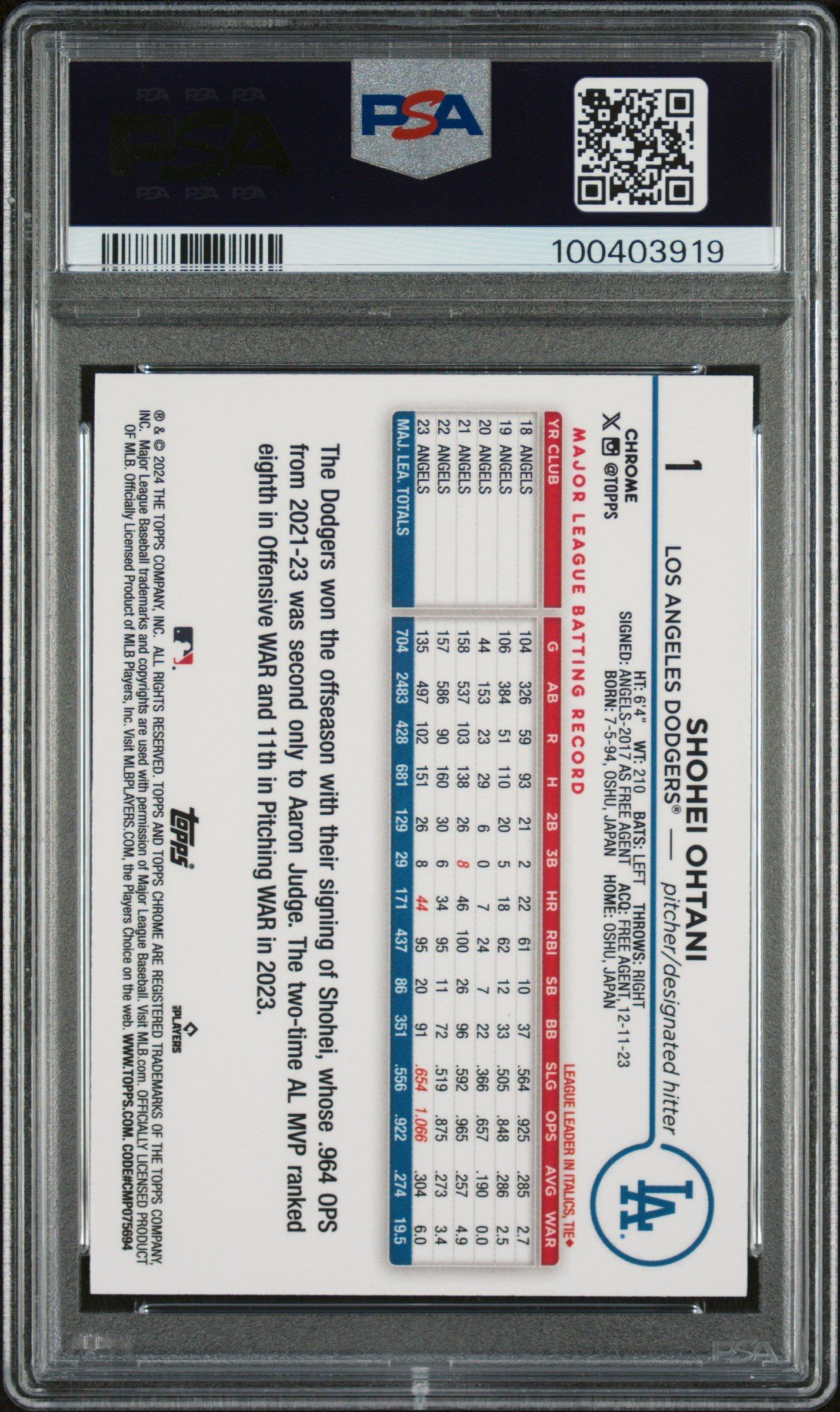 2024 Topps Chrome 1 Shohei Ohtani Pink Refractor PSA 10 Graded