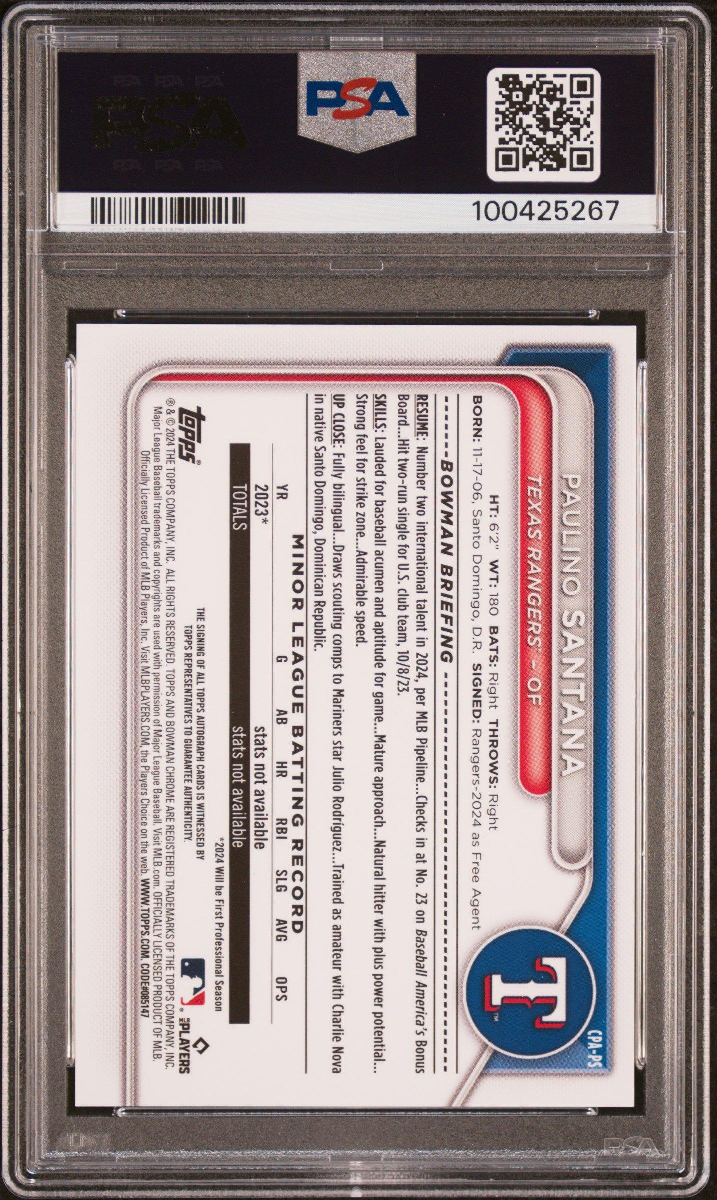 2024 Bowman Chrome Prospect Autographs Cpaps Paulino Santana PSA 10