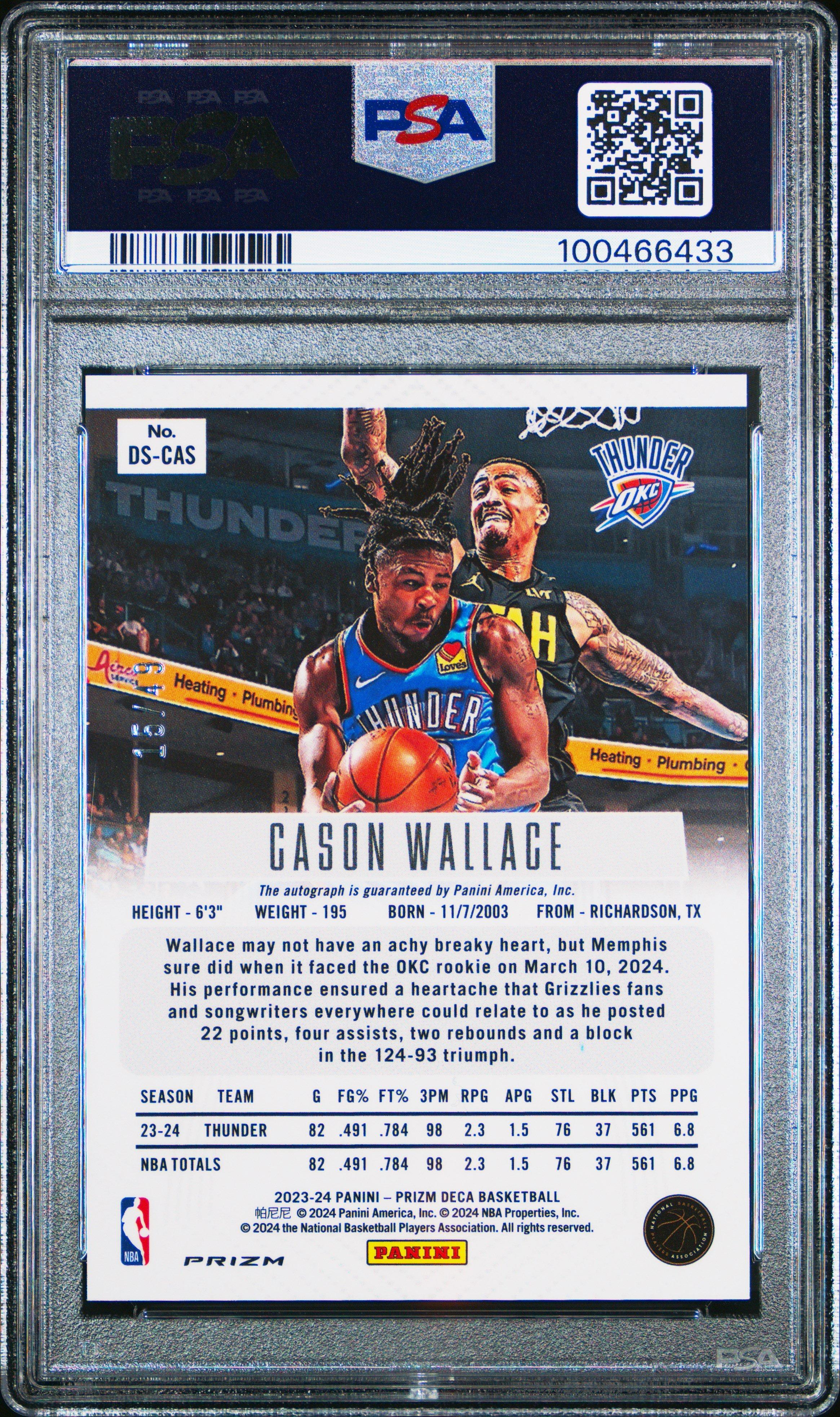 2023 Panini Prizm Deca Signatures Dscas Cason Wallace Blue Prizm PSA 10