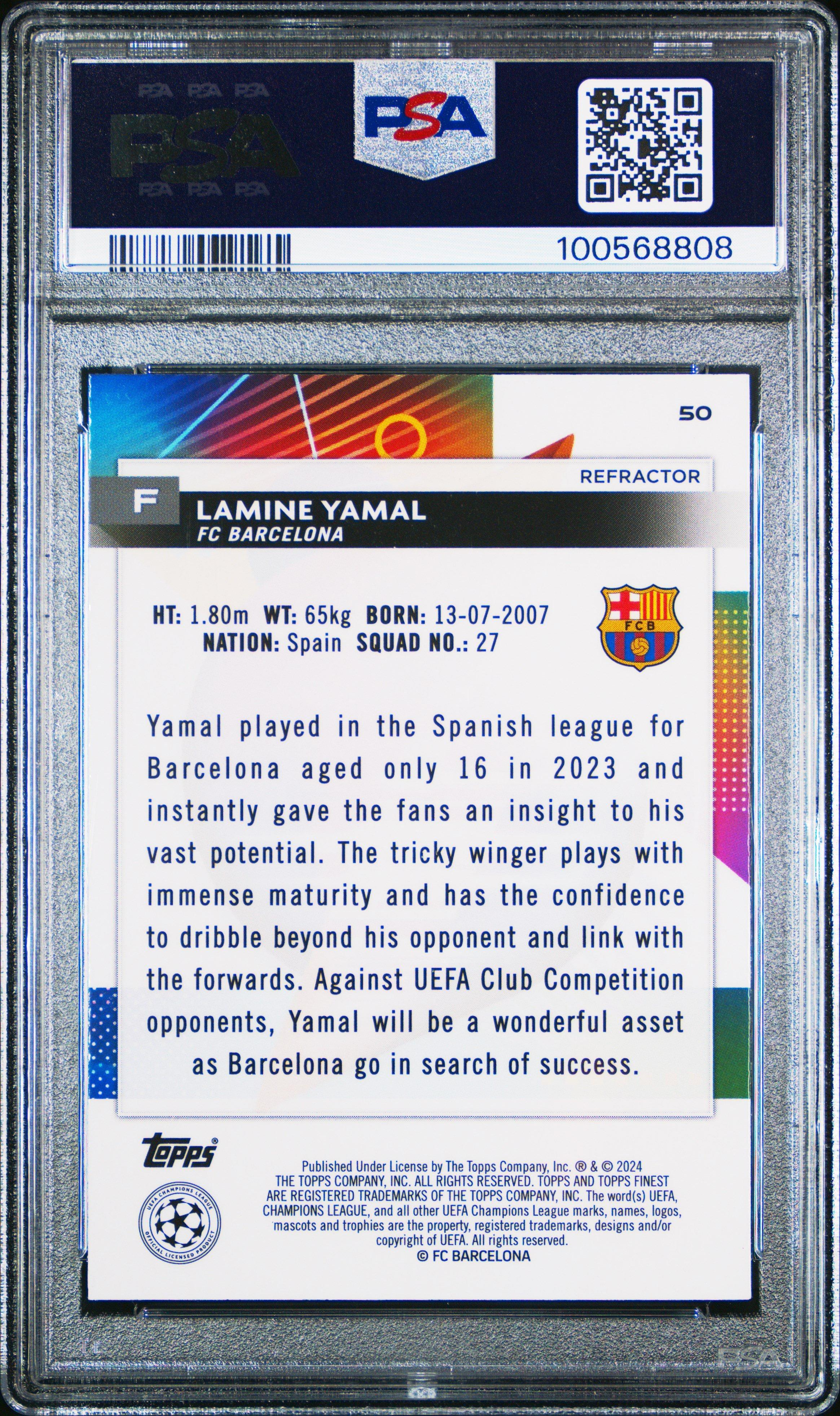 2023-24 Topps Finest Uefa Club Competitions 50 Lamine Yamal Refractor PSA 9