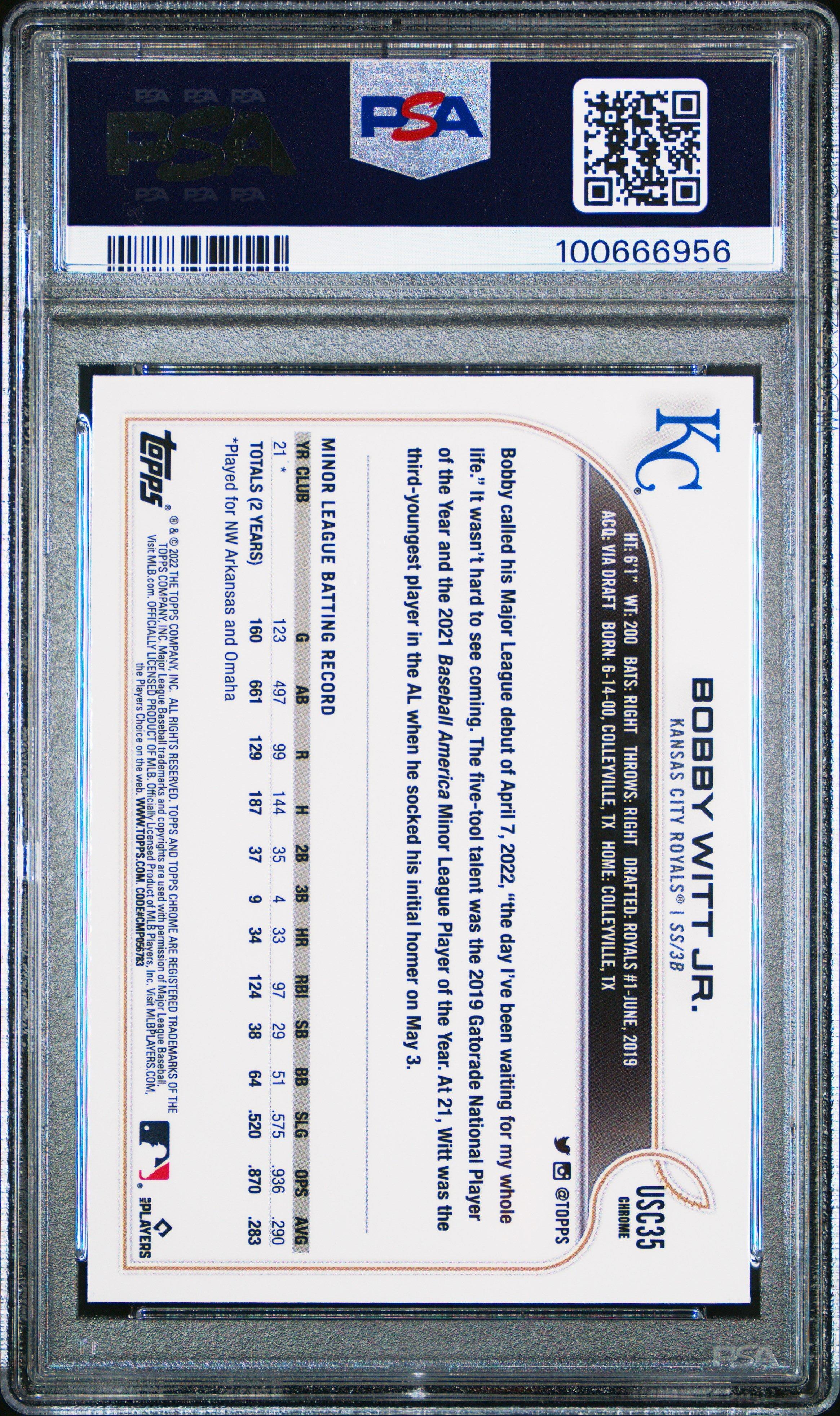 2022 Topps Chrome Update Usc35 Bobby Witt Jr. Purple Refractor PSA 9