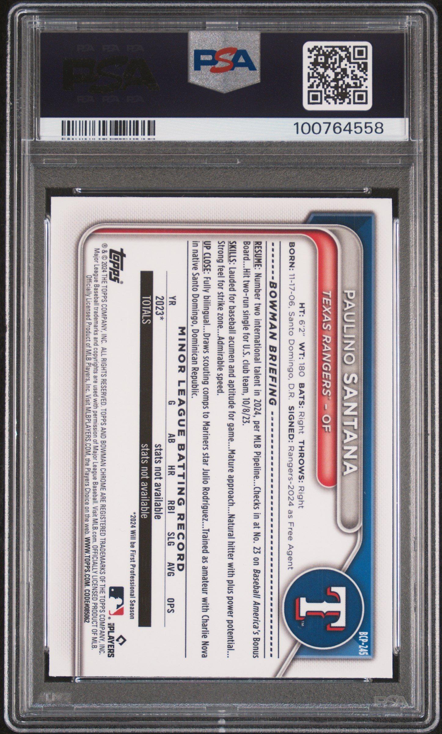 2024 Bowman Chrome Prospects Bcp245 Paulino Santana Gold Refractor PSA 10