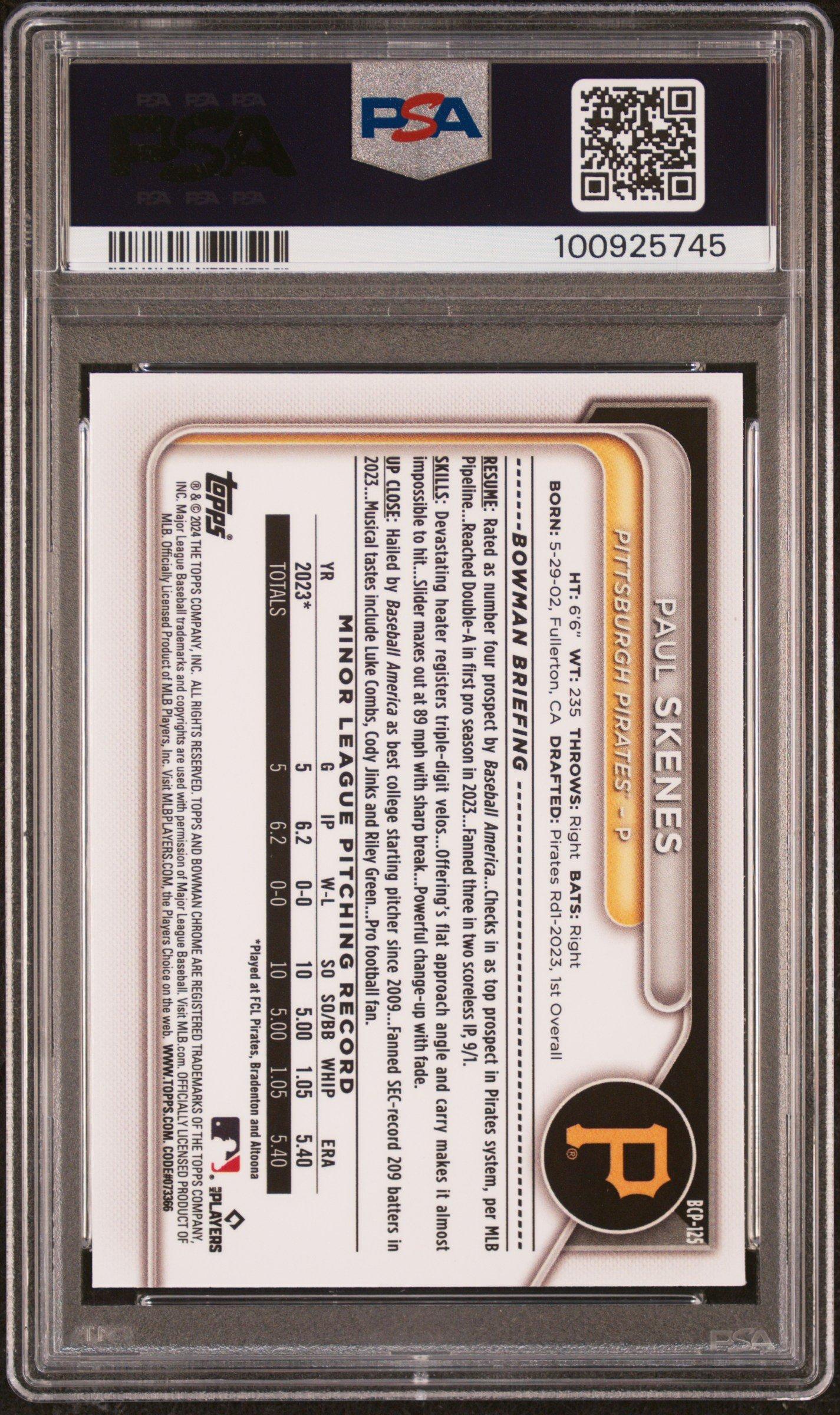 2024 Bowman Mega Box Chrome Prospects 125 Paul Skenes PSA 10