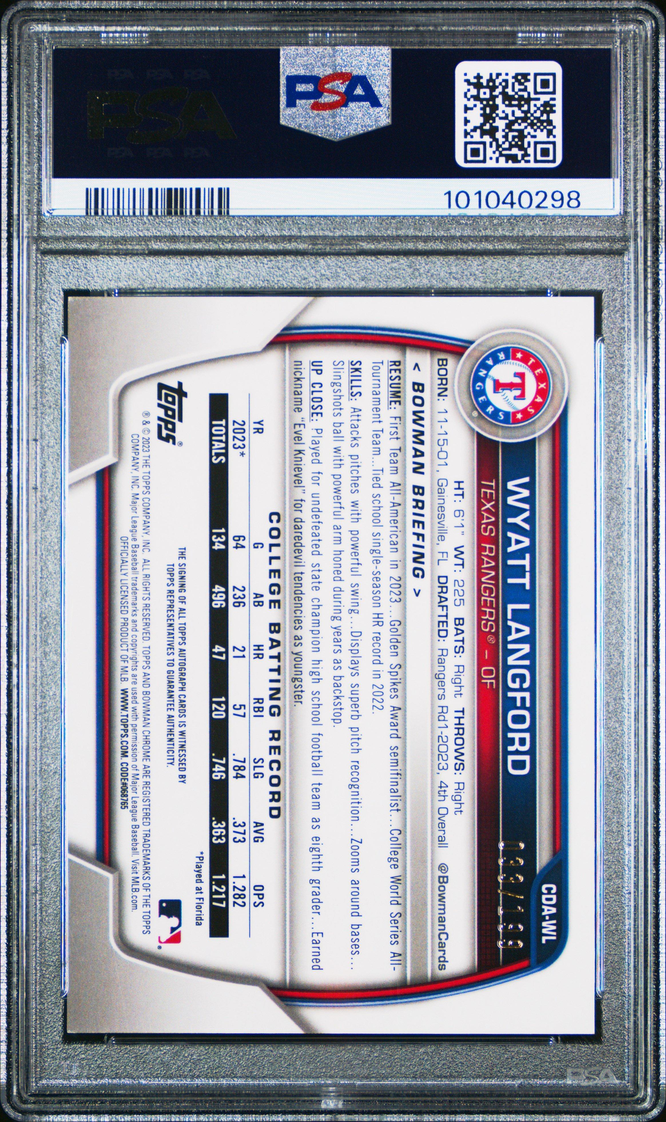 2023 Bowman Draft Chrome Prospect Autograph Cdawl Wyatt Langford Aqua Lava PSA 8