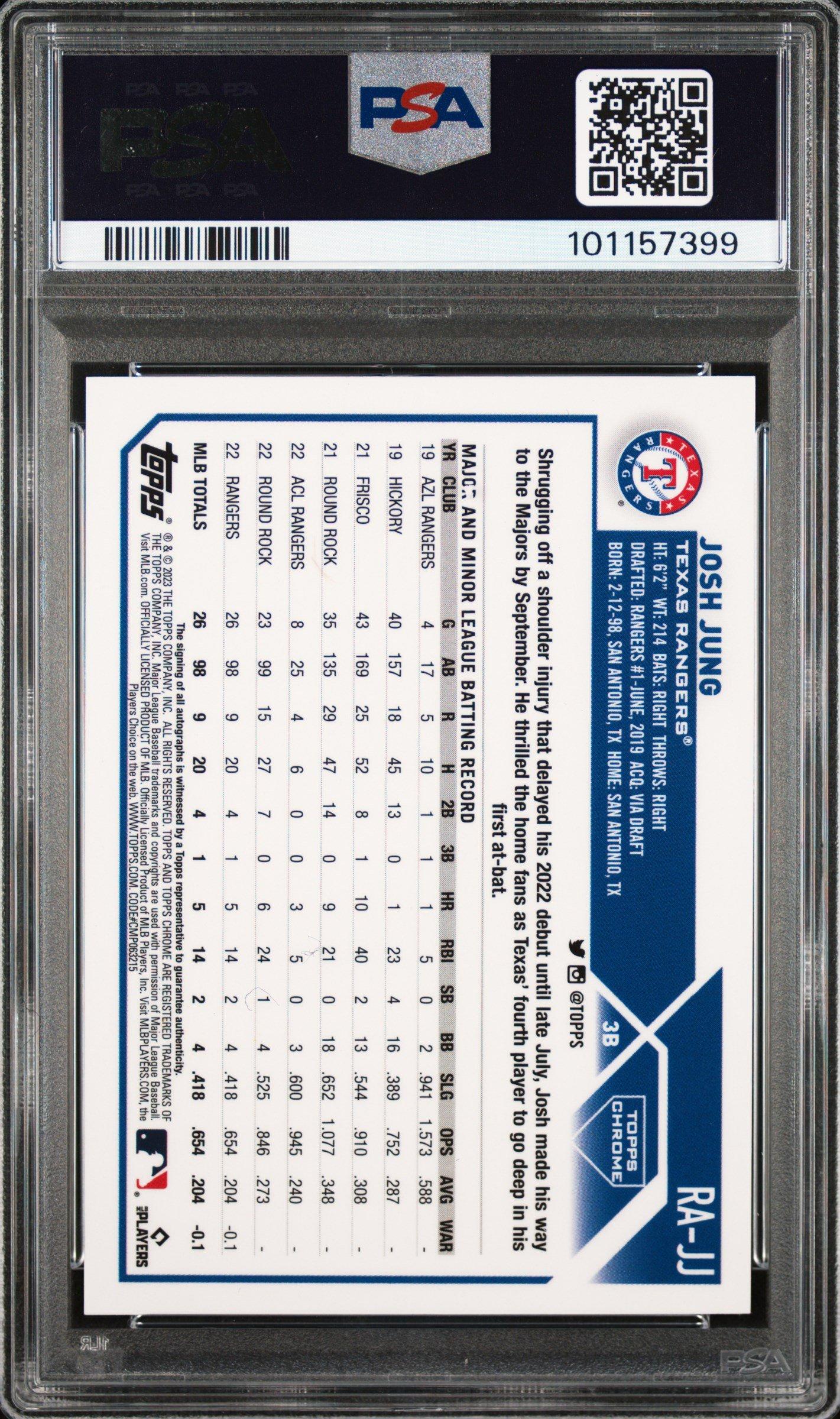 2023 Topps Chrome Rookie Autograph Rajj Josh Jung Purple Speckle Refractor PSA 10