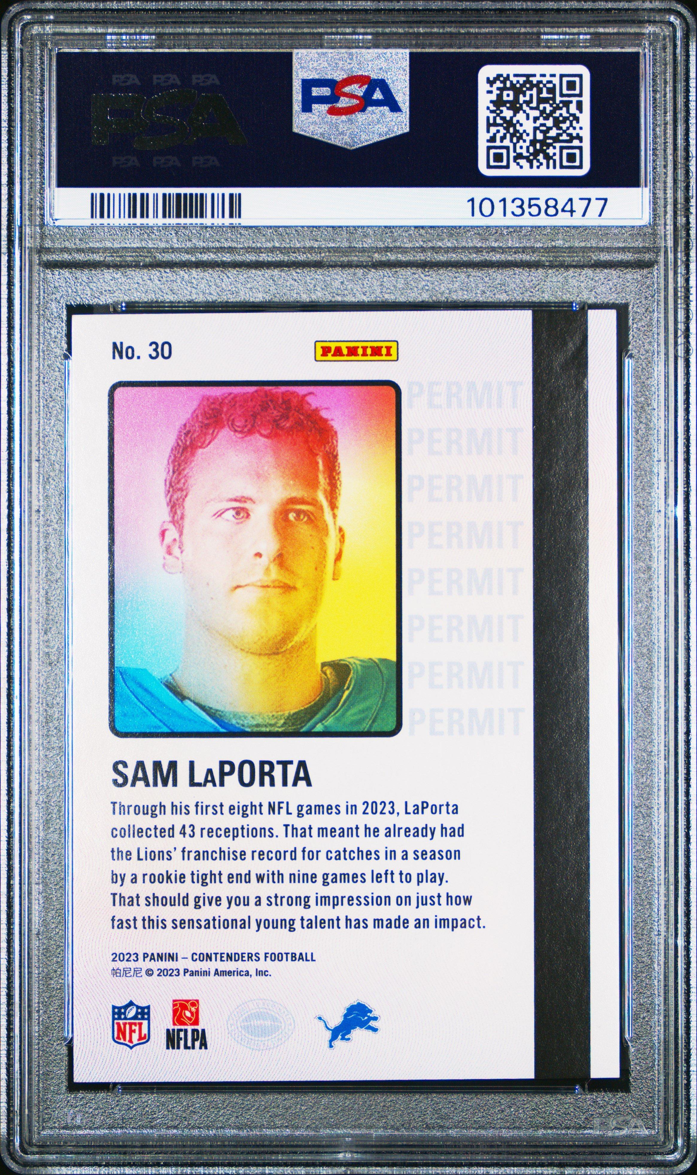 2023 Panini Contenders Permit To Dominate 30 Sam Laporta PSA