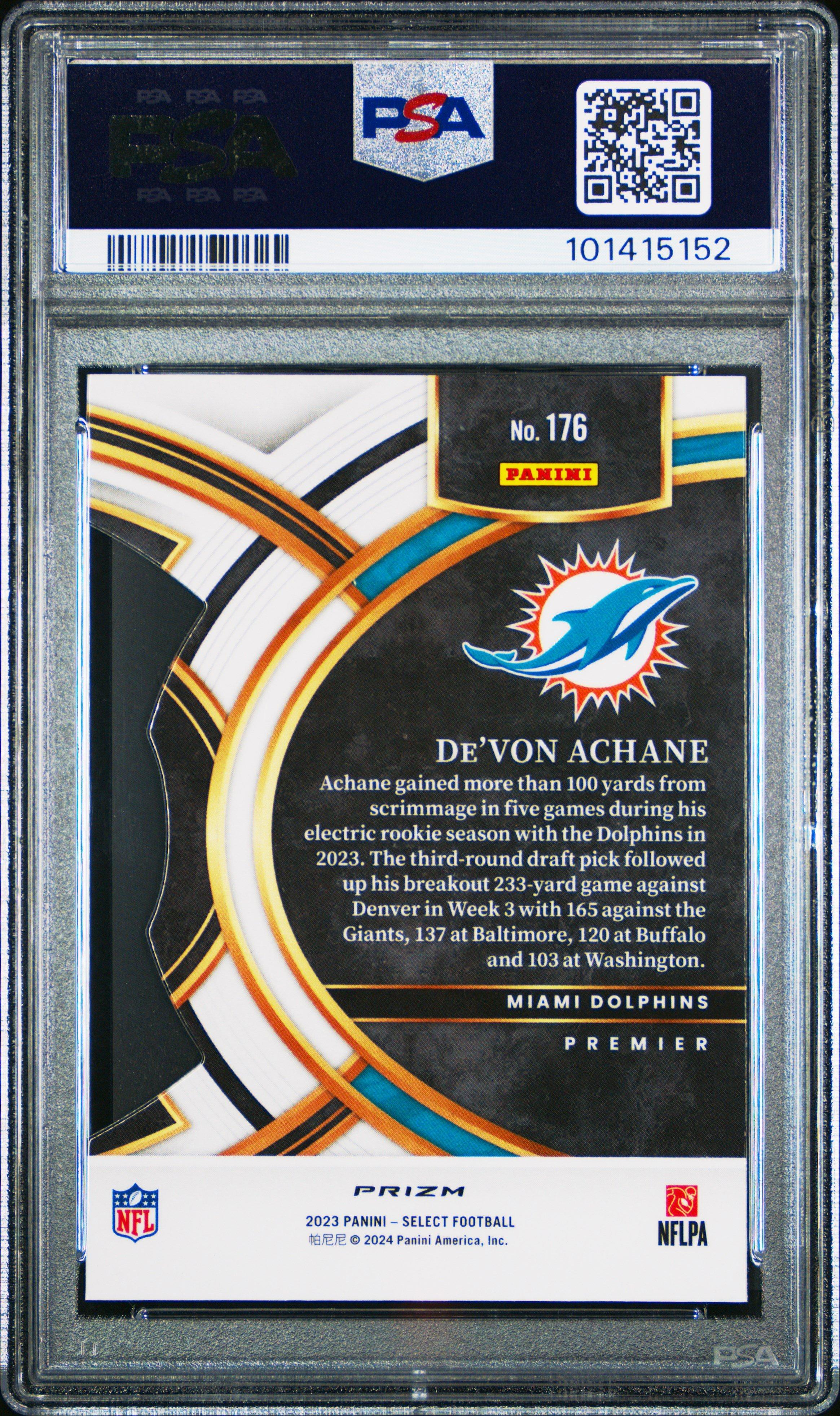 2023 Panini Select 176 De'von Achane Die-cut Zebra Prizm PSA 10