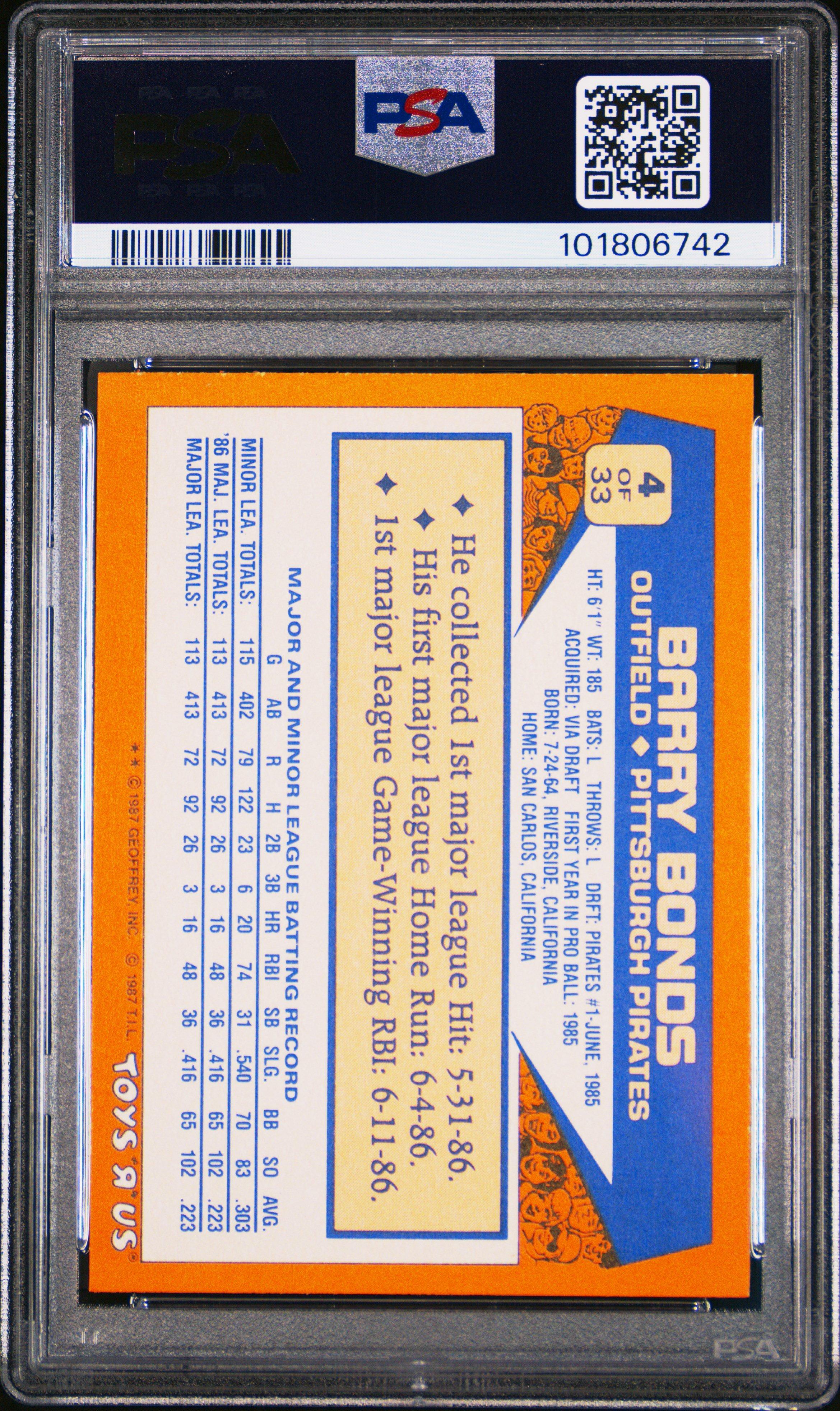 1987 Toys R Us Rookies 4 Barry Bonds PSA 9