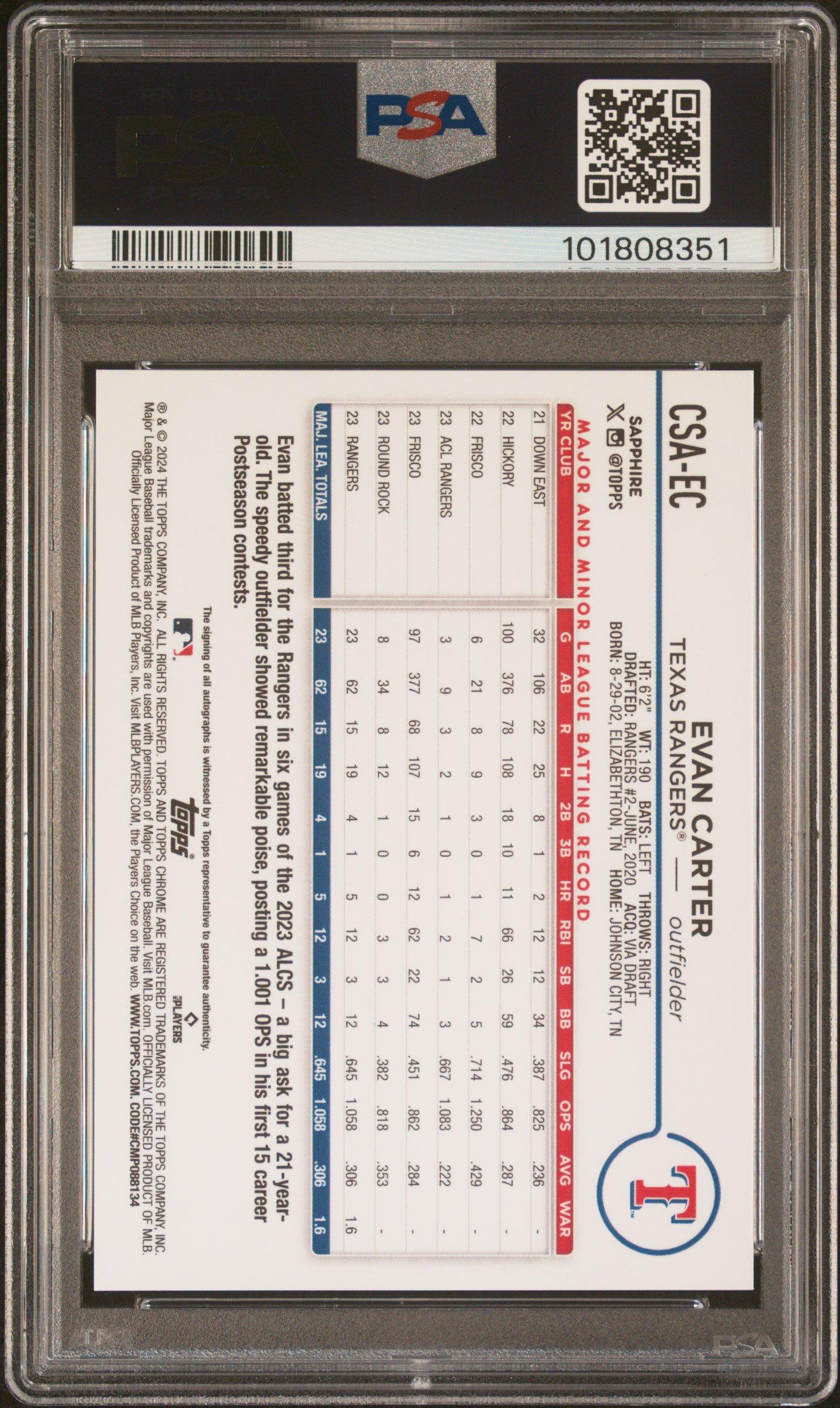 2024 Topps Chrome Sapphire Chrome Sapphire Autographs Csaec Evan Carter PSA 10
