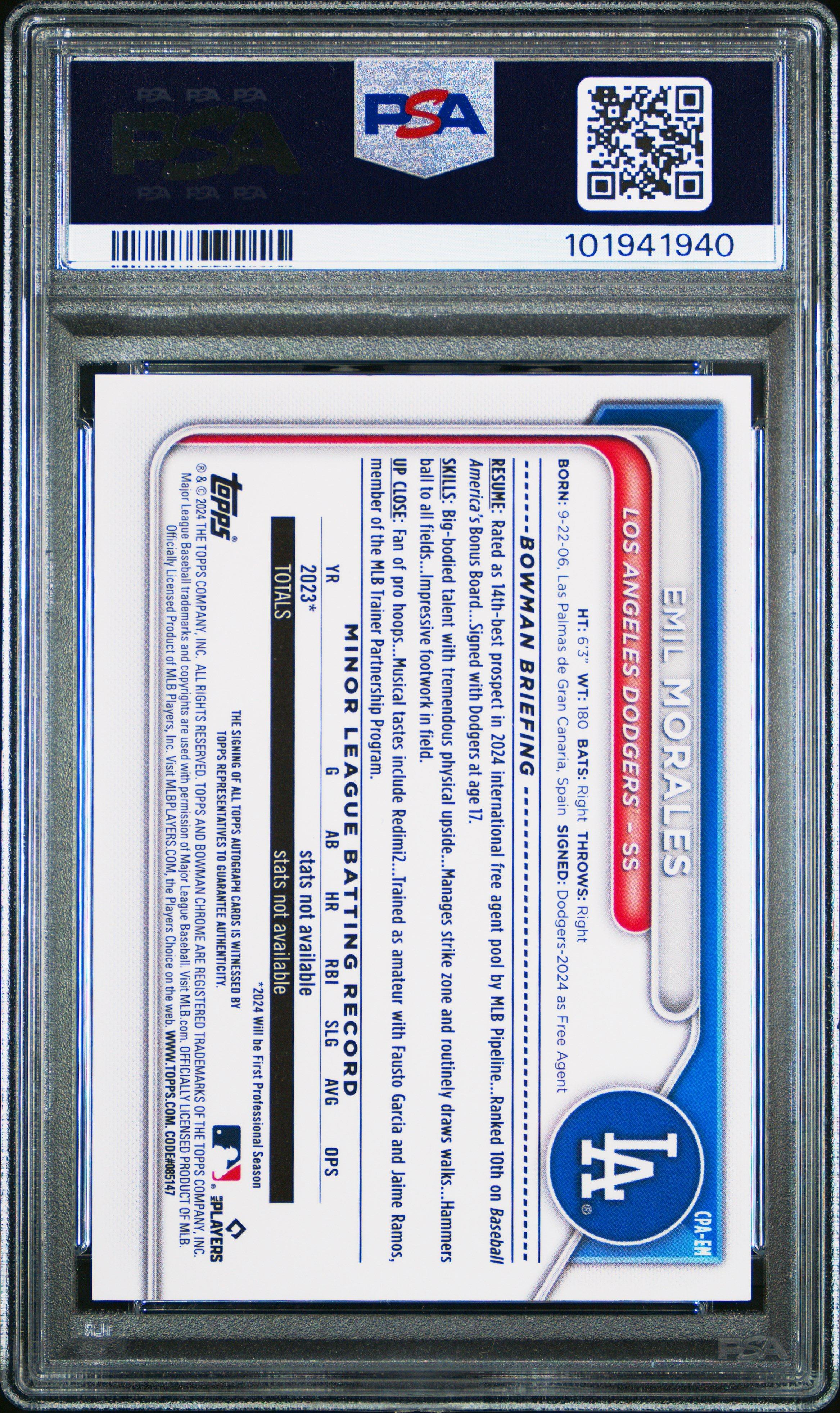 2024 Bowman Chrome Prospect Autographs Cpaem Emil Morales Blue Refractor PSA 9