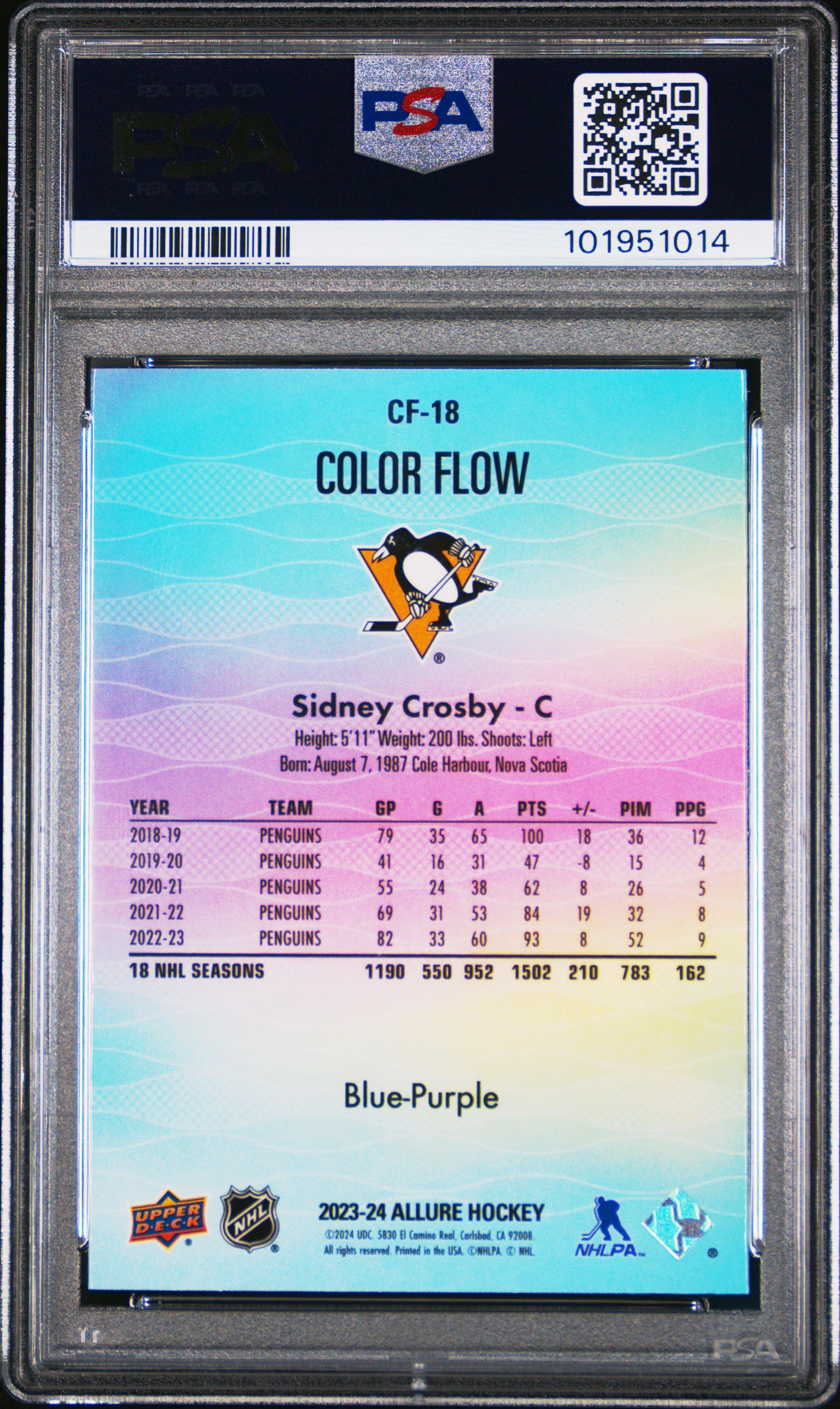 2023 Upper Deck Allure Color Flow Cf18 Sidney Crosby Blue-purple PSA 10