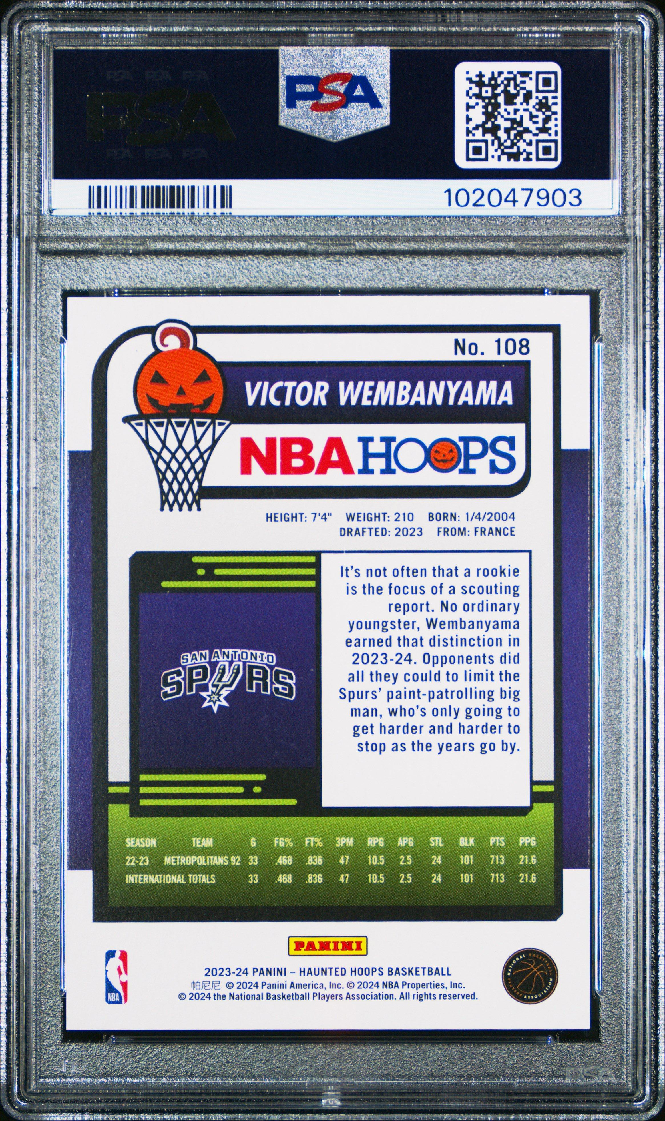 2023 Panini Haunted Hoops 108 Victor Wembanyama PSA 9 Graded Card