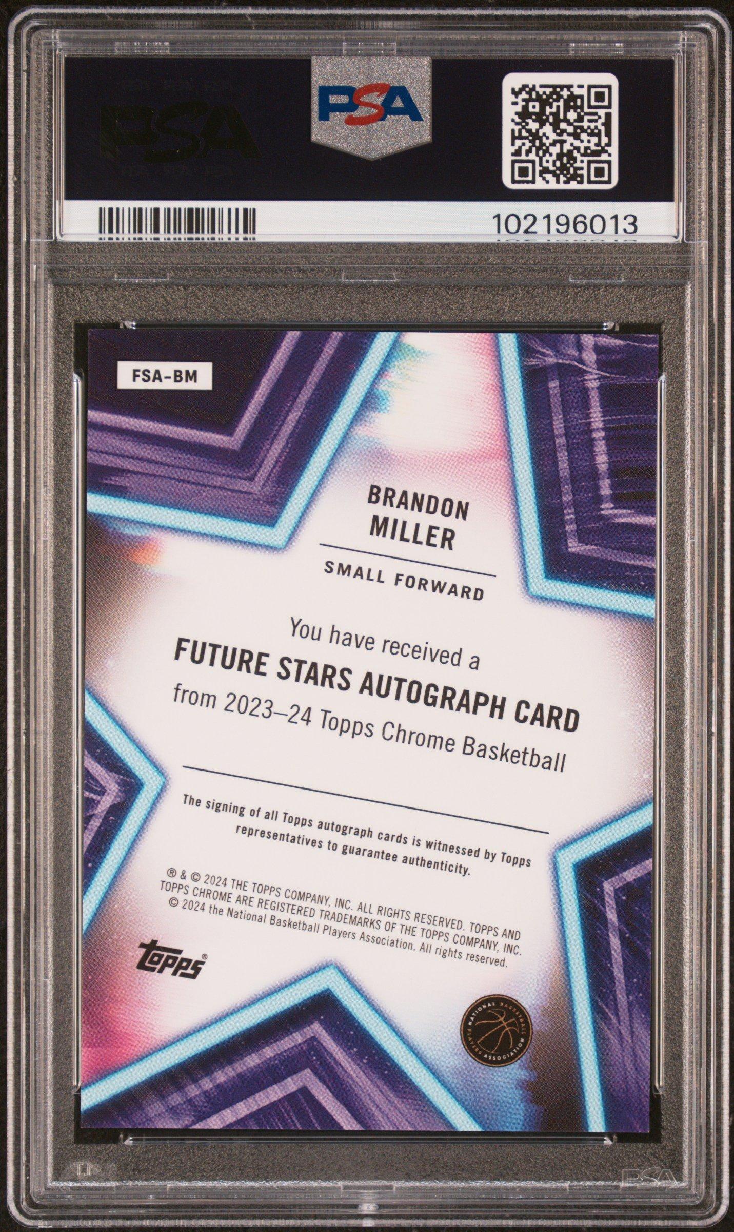 2023 Topps Chrome Future Stars Autographs Fsabm Brandon Miller PSA 9