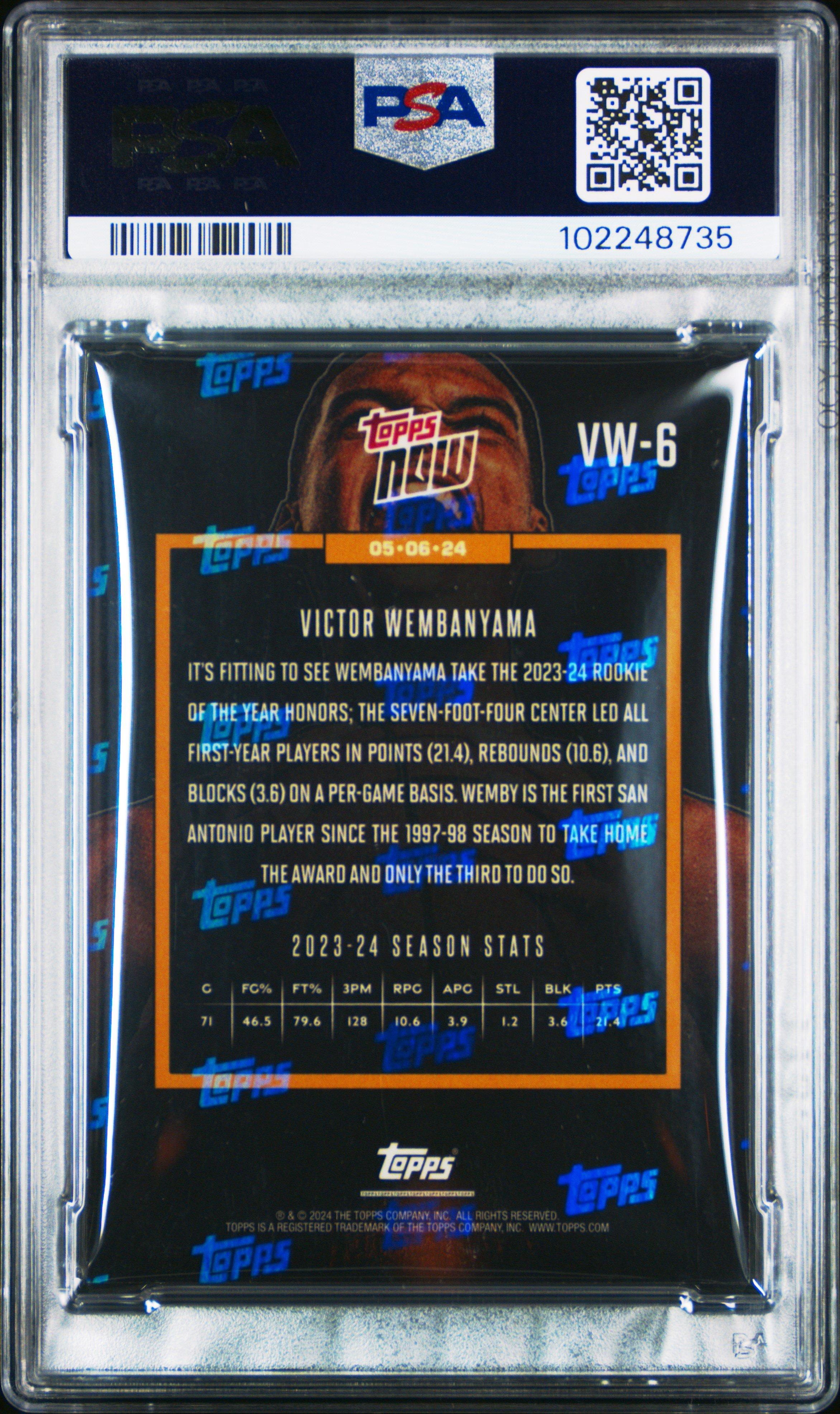 2023 Topps Now Vw6 Victor Wembanyama PSA 10