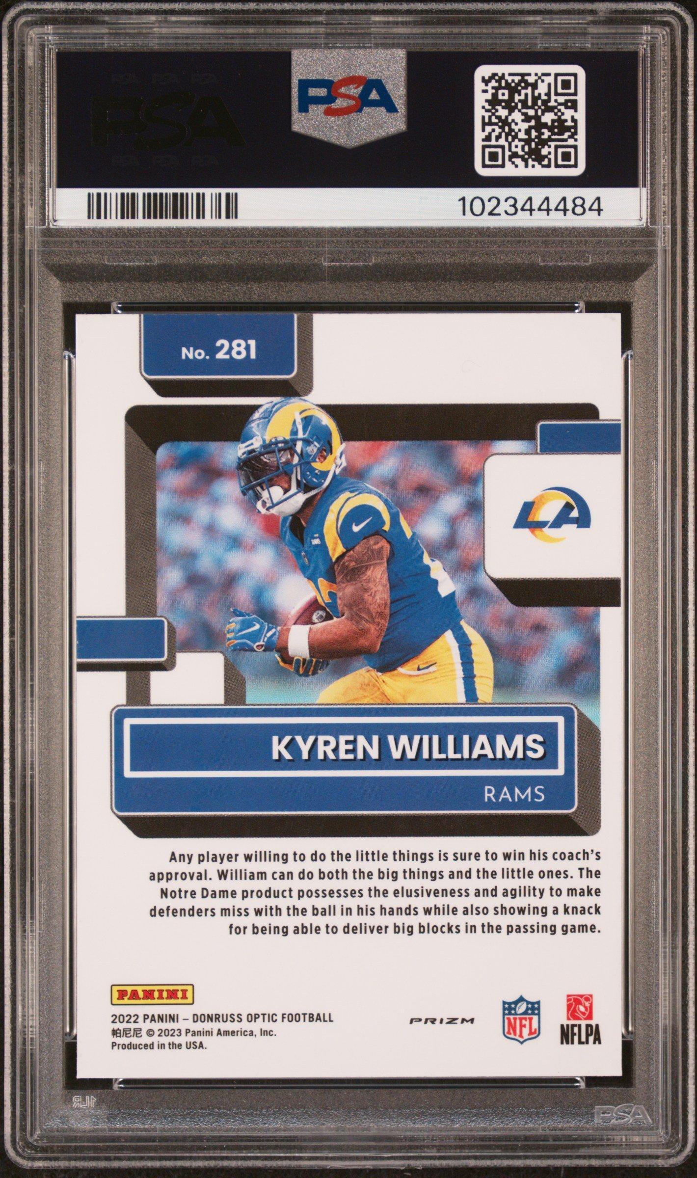 2022 Panini Donruss Optic 281 Kyren Williams Purple Shock PSA 10