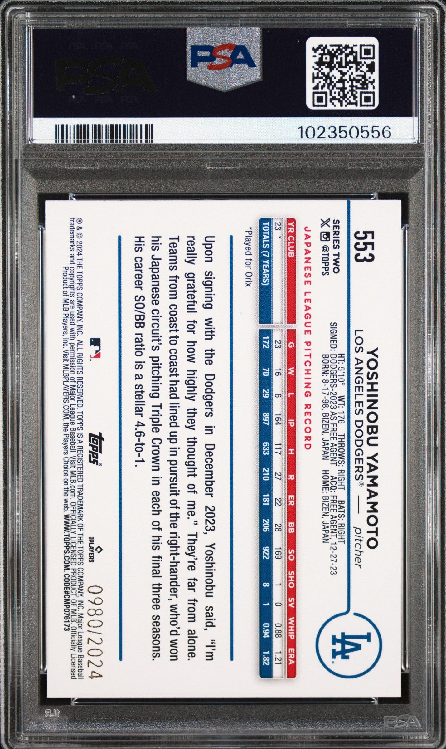 2024 Topps 553 Yoshinobu Yamamoto Gold PSA 9
