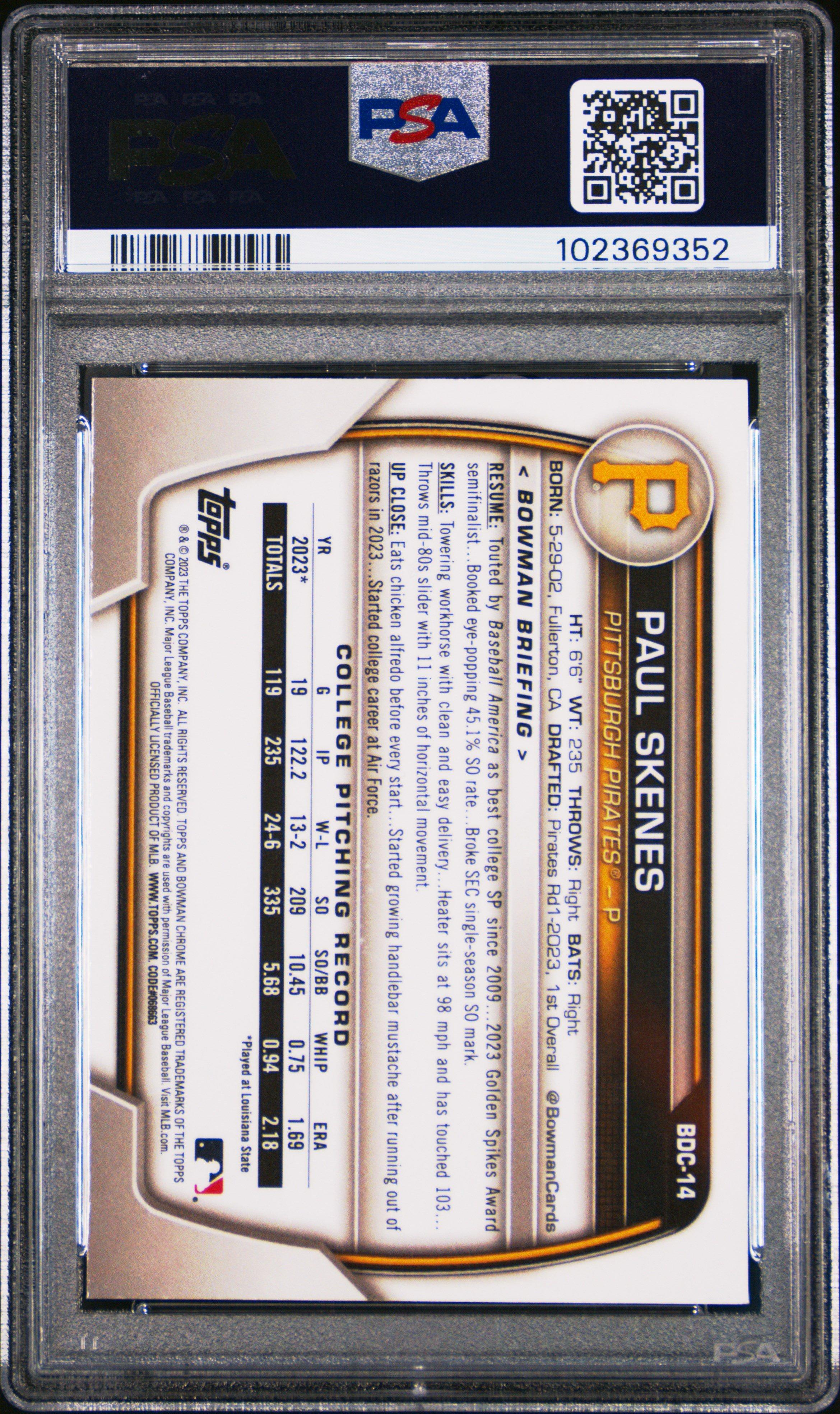 2023 Bowman Draft Bdc14 Paul Skenes Chrome PSA