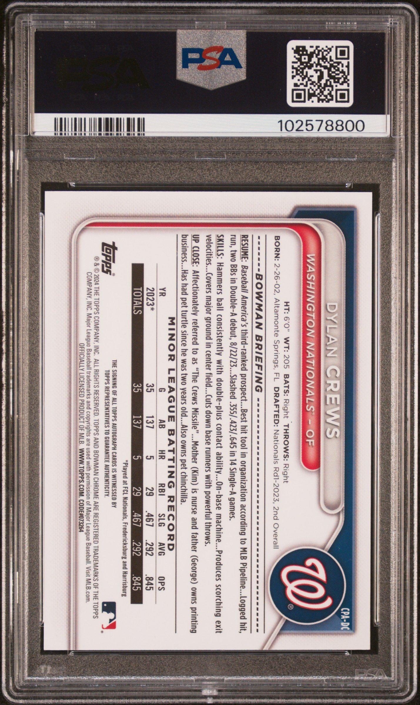 2024 Bowman Chrome Prospect Autographs Cpadc Dylan Crews PSA 9