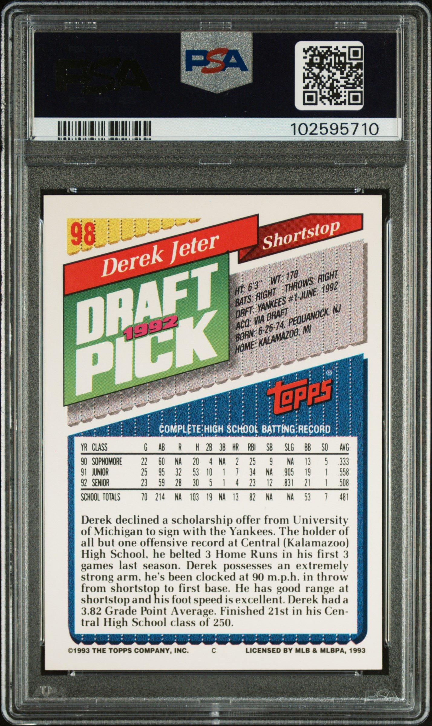 1993 Topps Gold 98 Derek Jeter PSA