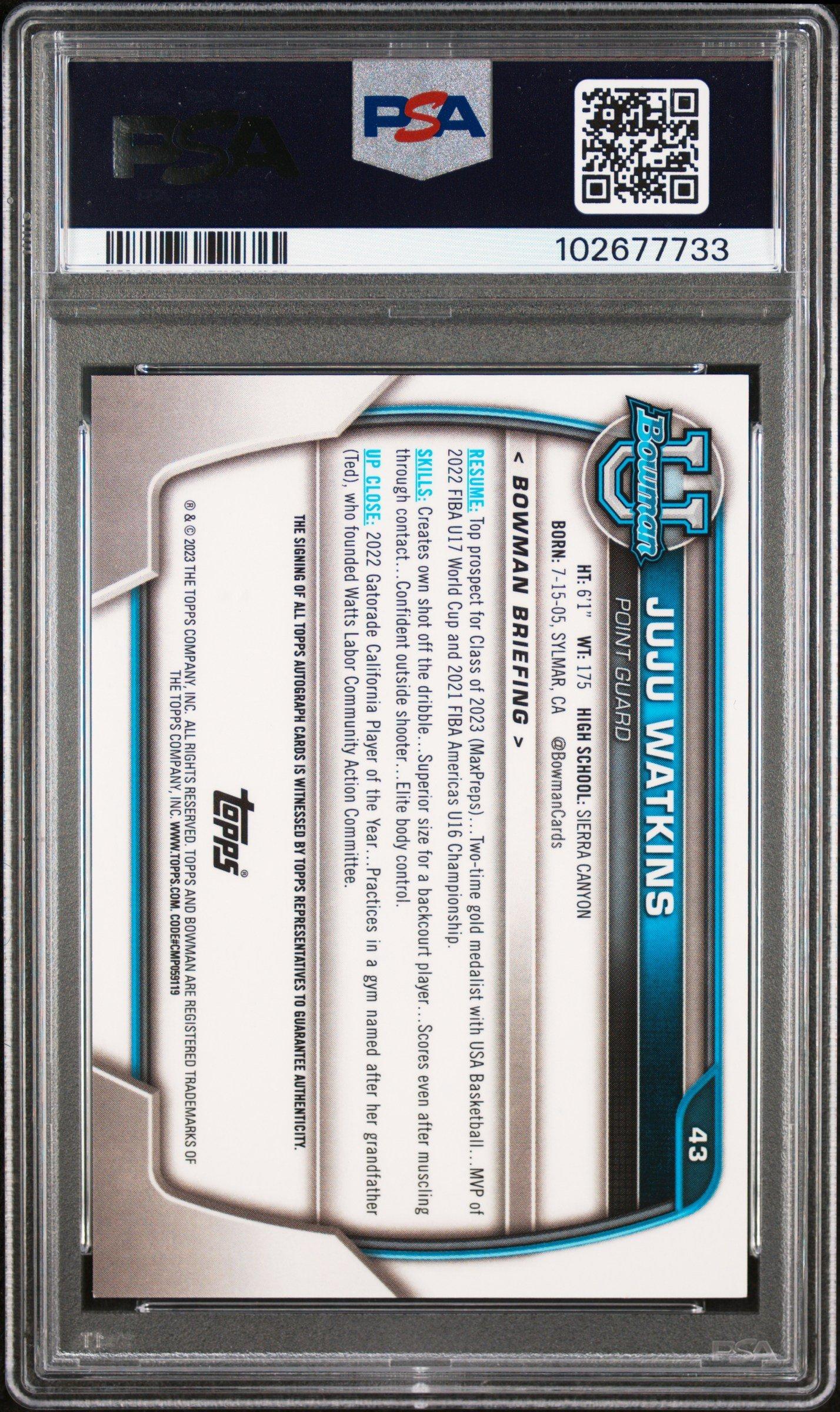 2022 Bowman Chrome University 43 Juju Watkins Prospect Autograph PSA 9