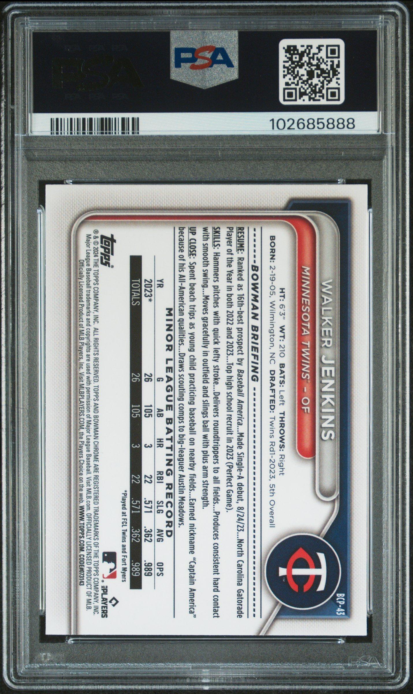 2024 Bowman Chrome Prospects Bcp43 Walker Jenkins PSA 10