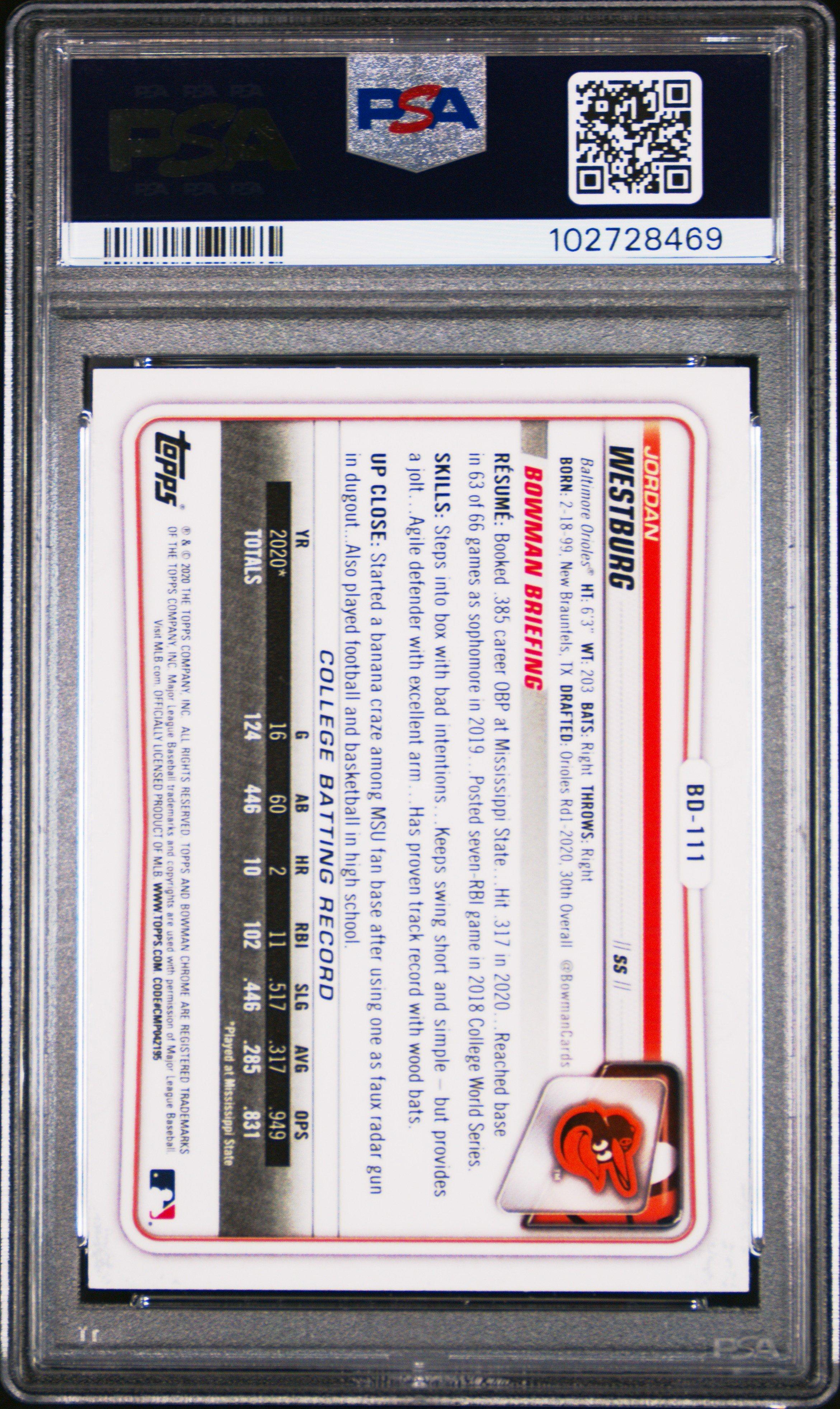 2020 Bowman Draft Bd111 Jordan Westburg Chrome-sparkle Refractor PSA 10