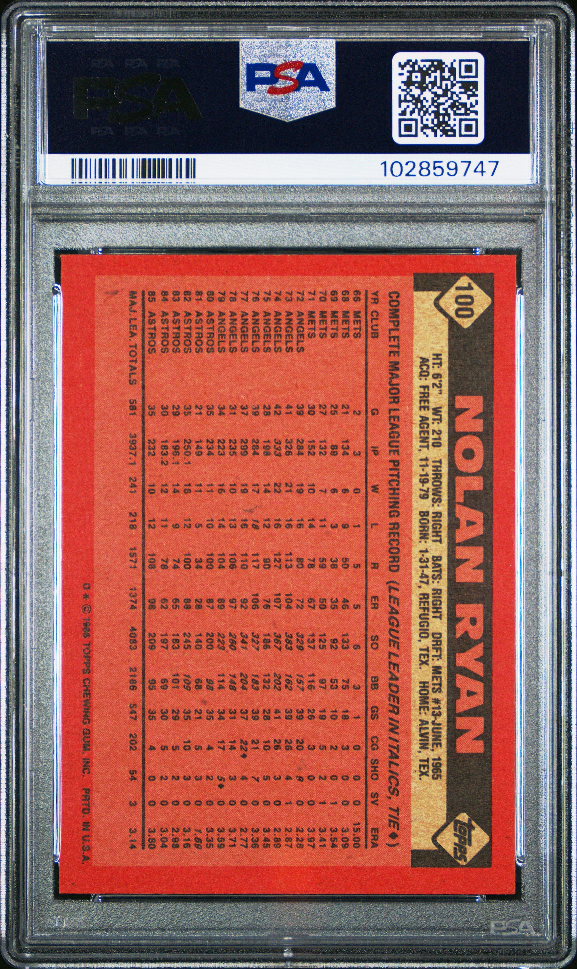 1986 Topps 100 Nolan Ryan PSA