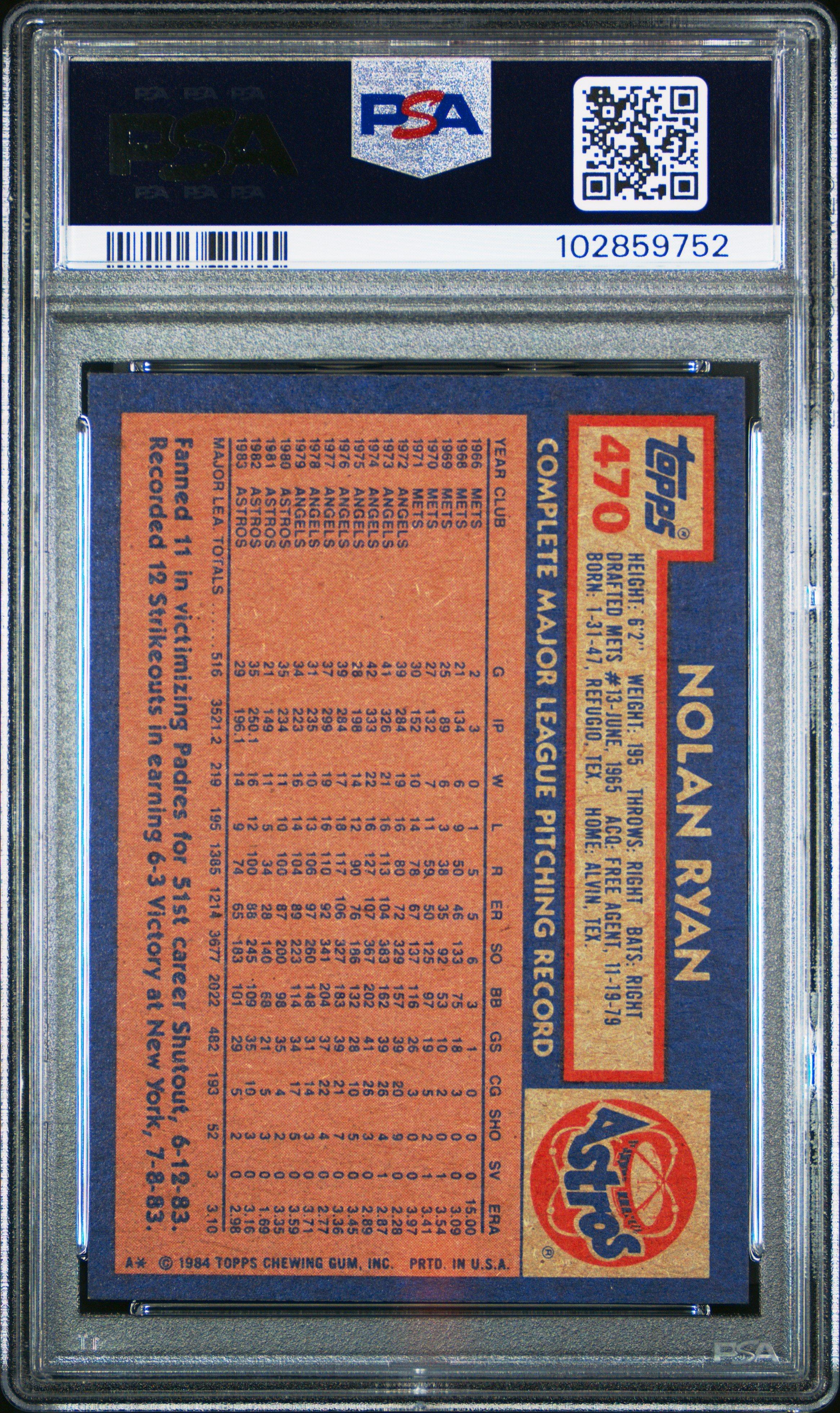 1984 Topps 470 Nolan Ryan PSA 9