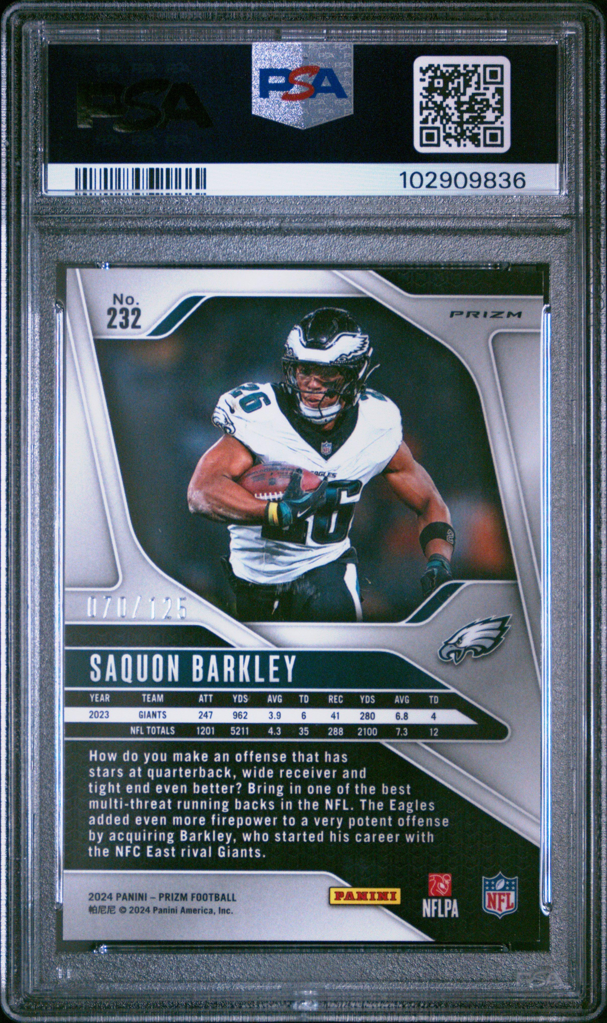 2024 Panini Prizm 232 Saquon Barkley Purple Prizm PSA 9