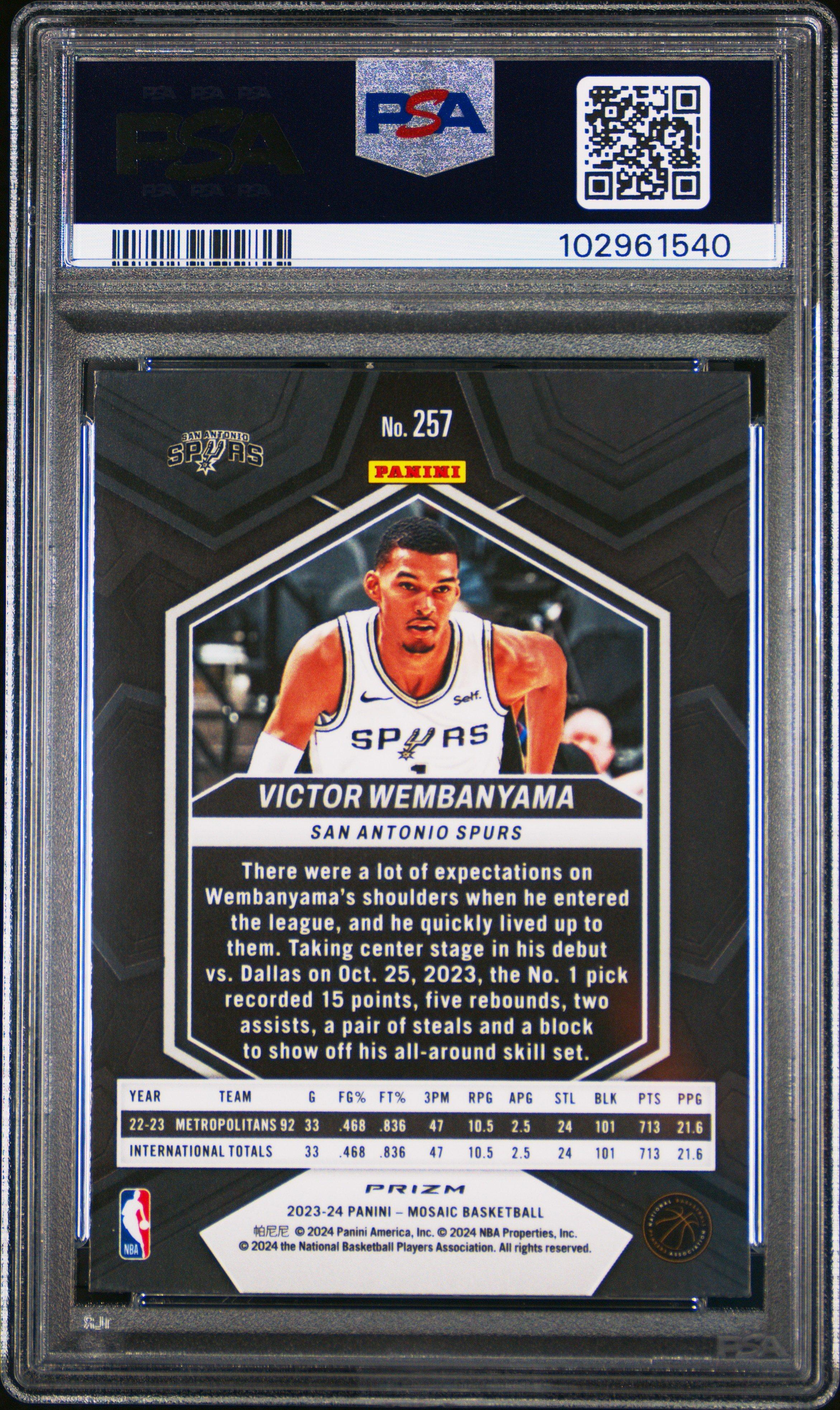 2023 Panini Mosaic 257 Victor Wembanyama Reactive Blue PSA 10