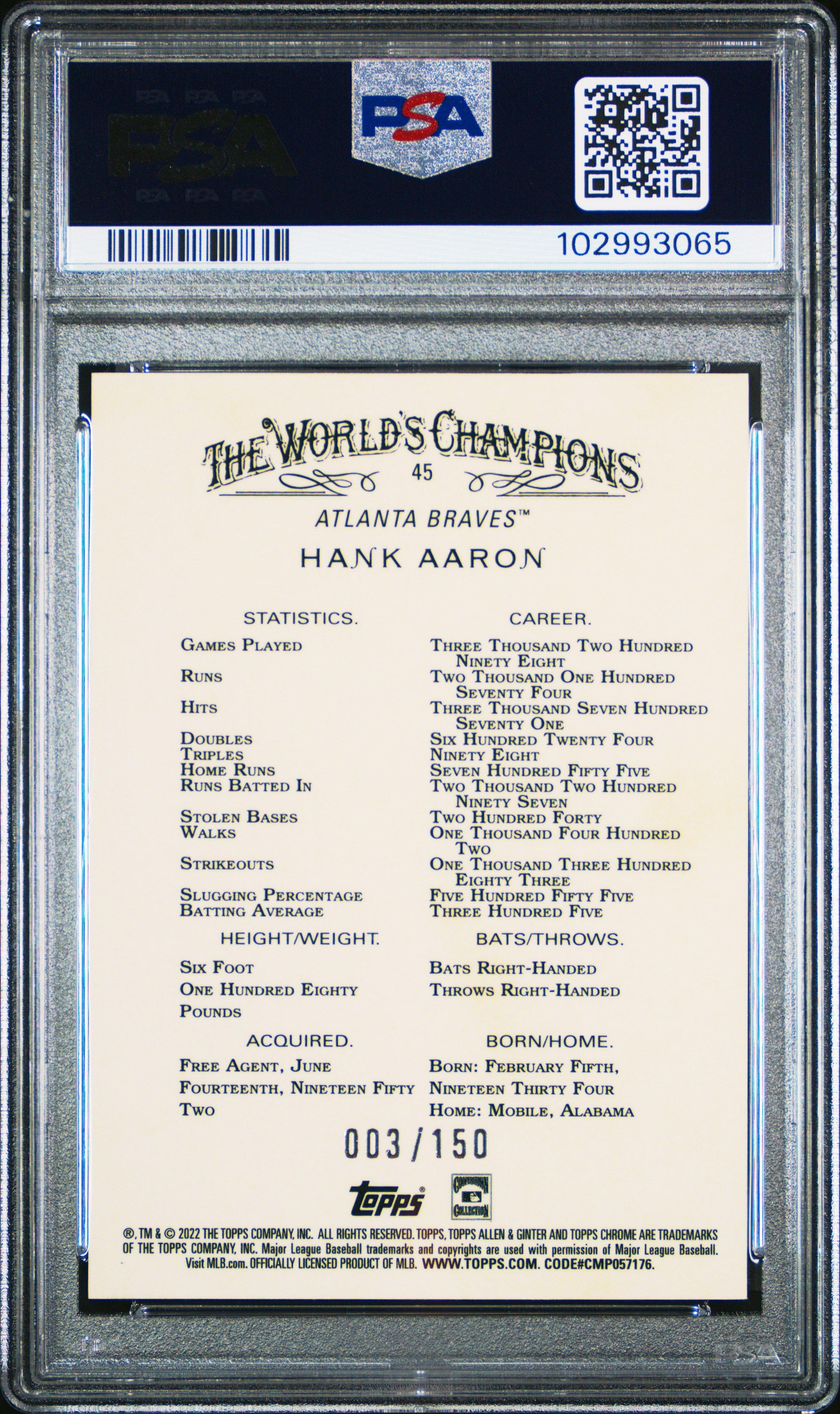 2022 Topps Allen & Ginter Chrome 45 Hank Aaron Blue Refractor PSA 