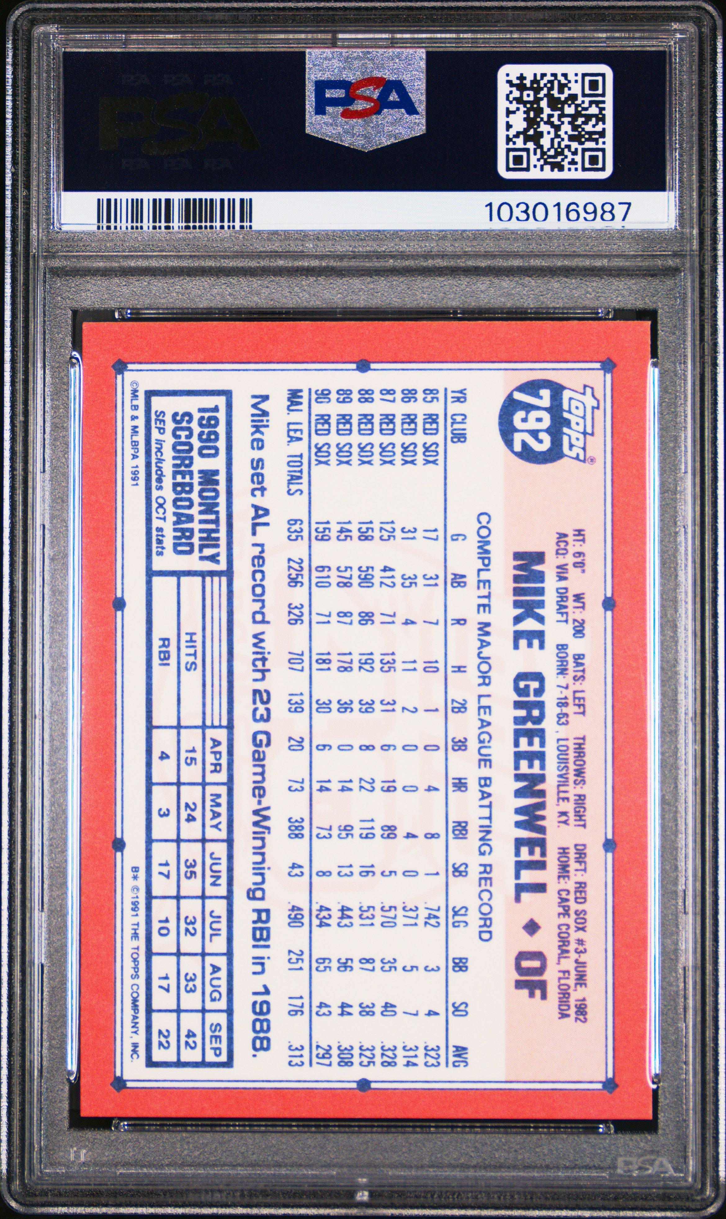 1991 Topps Tiffany 792 Mike Greenwell PSA 10