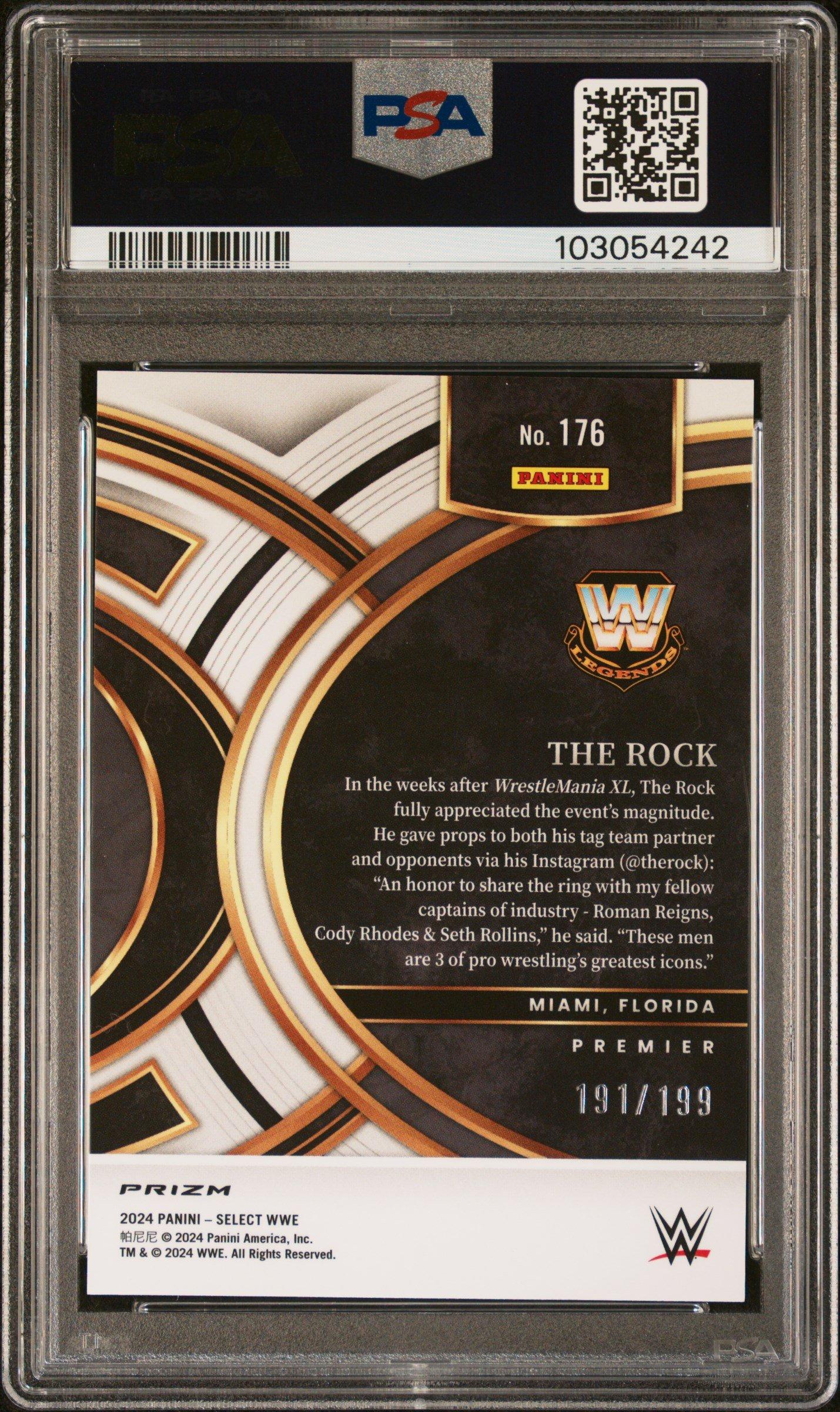 2024 Panini Select Wwe 176 The Rock Blue Prizm PSA 10 Graded Card