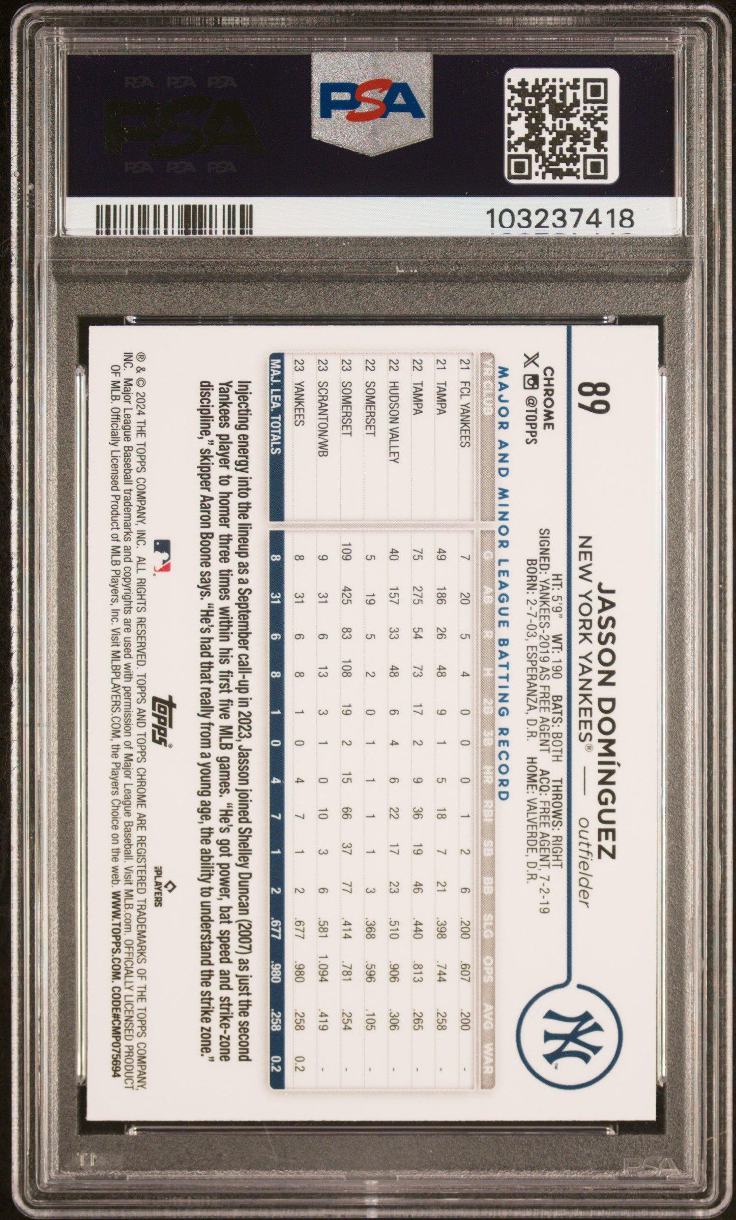 2024 Topps Chrome 89 Jasson Dominguez X-fractor PSA 10