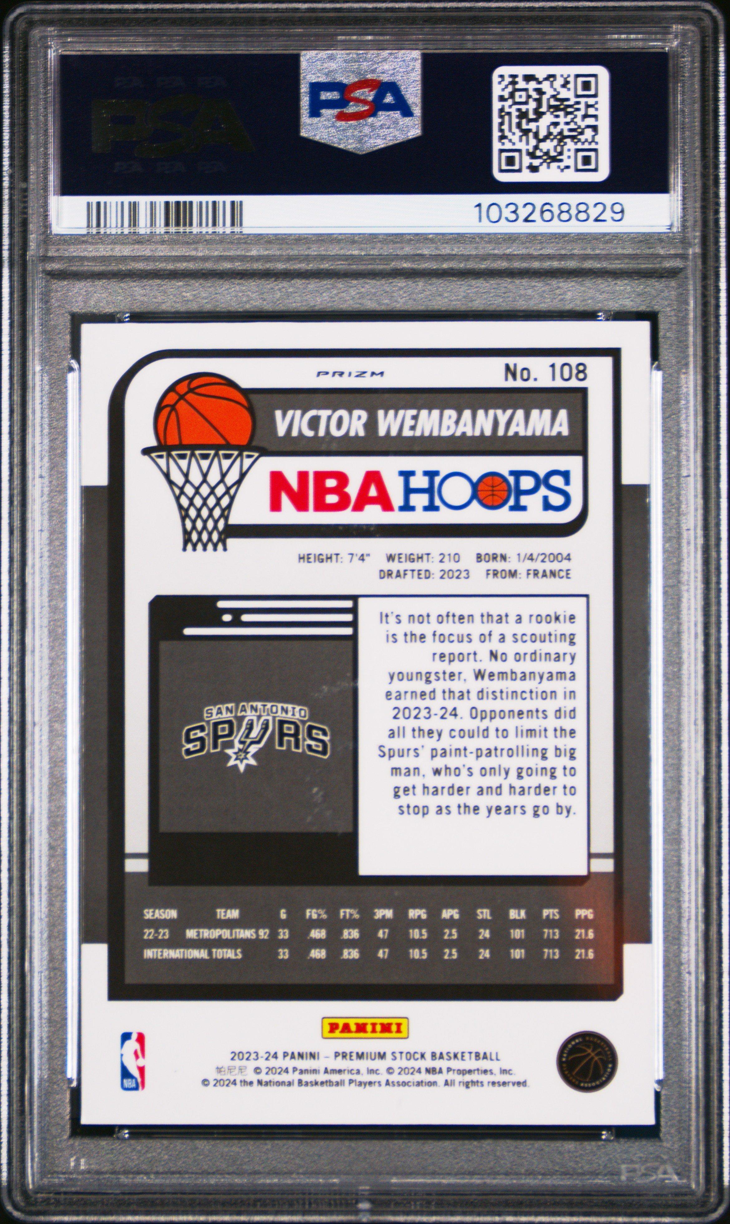 2023 Panini Hoops Premium Stock 108 Victor Wembanyama Ice Prizm PSA